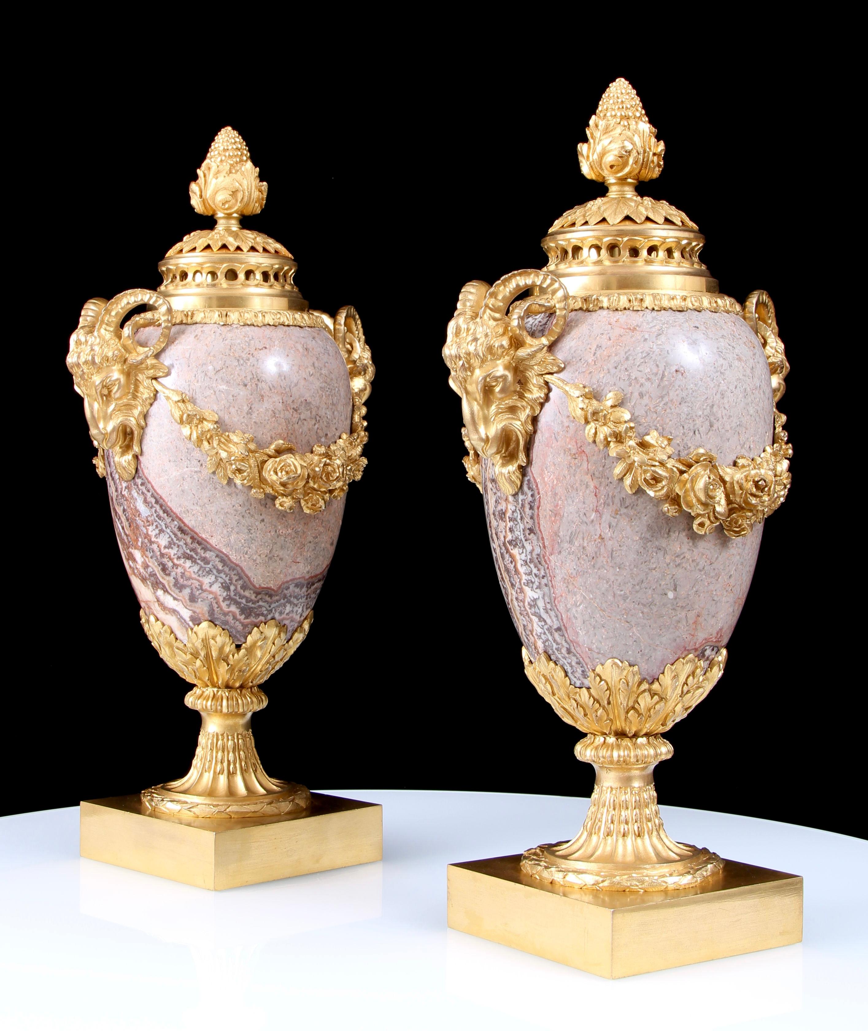 Pair Early 19th Century Gilt Bronze Mounted Alabastro Fiorito Lidded Vases For Sale 1