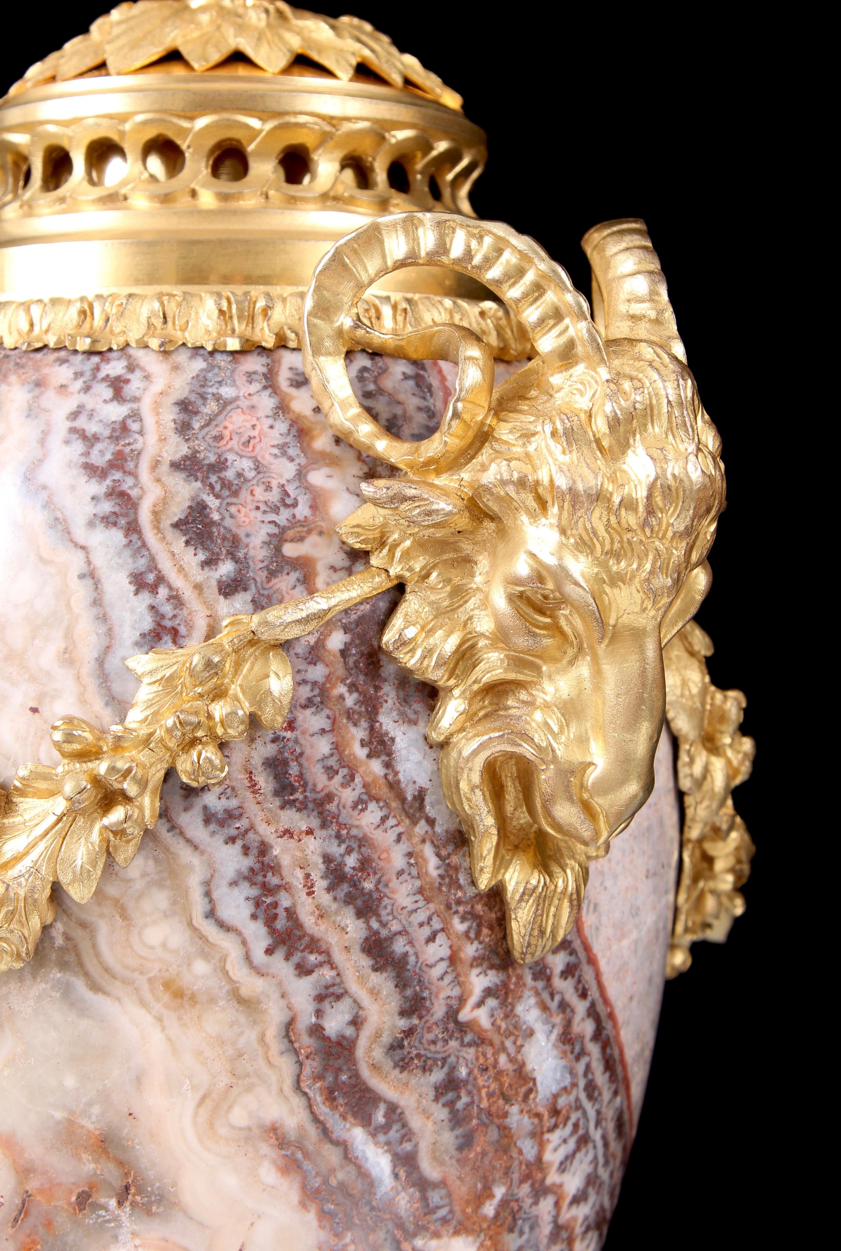Pair Early 19th Century Gilt Bronze Mounted Alabastro Fiorito Lidded Vases For Sale 3
