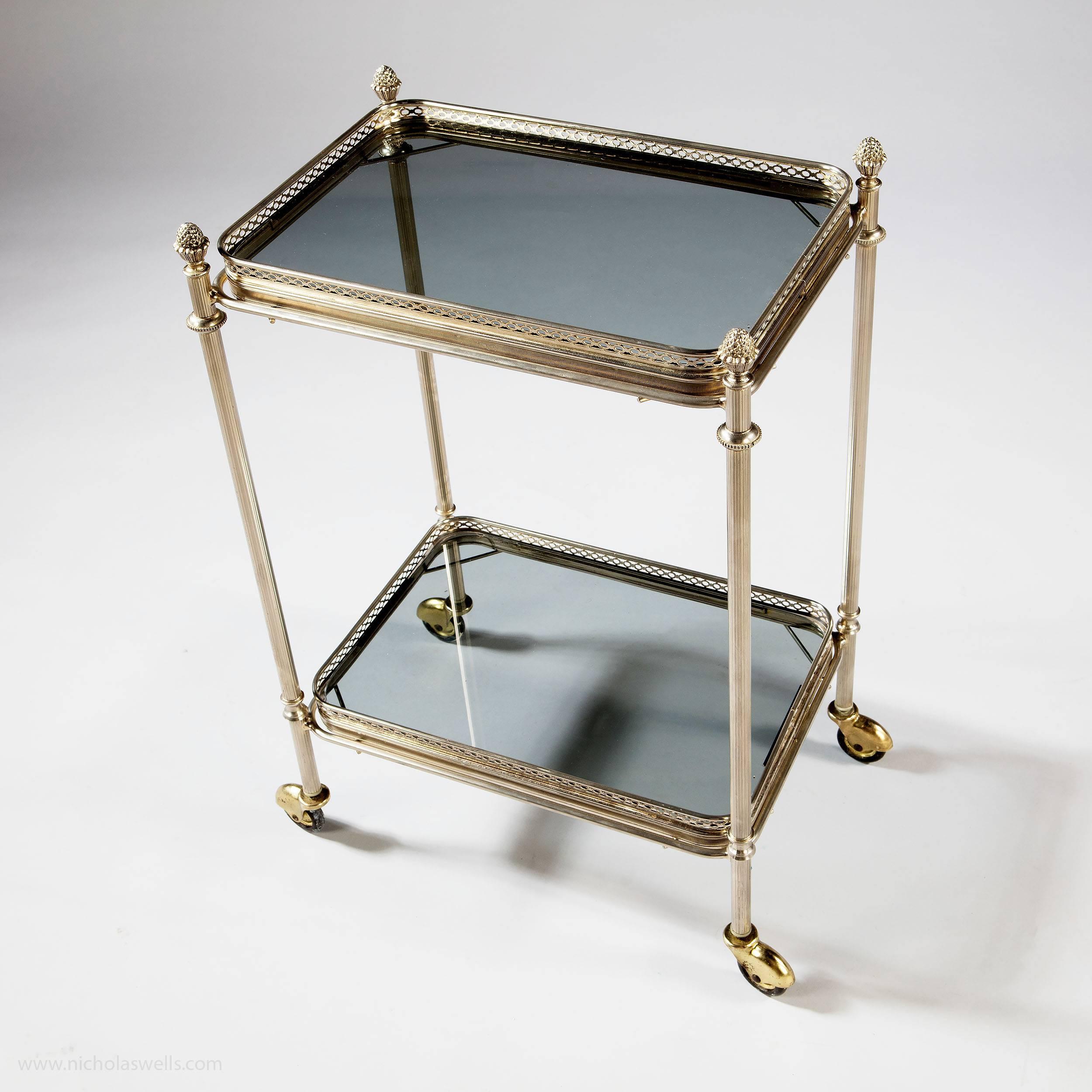 Brass Pair of Nickel-Plated Mid-Century Modern Two-Tier Tables