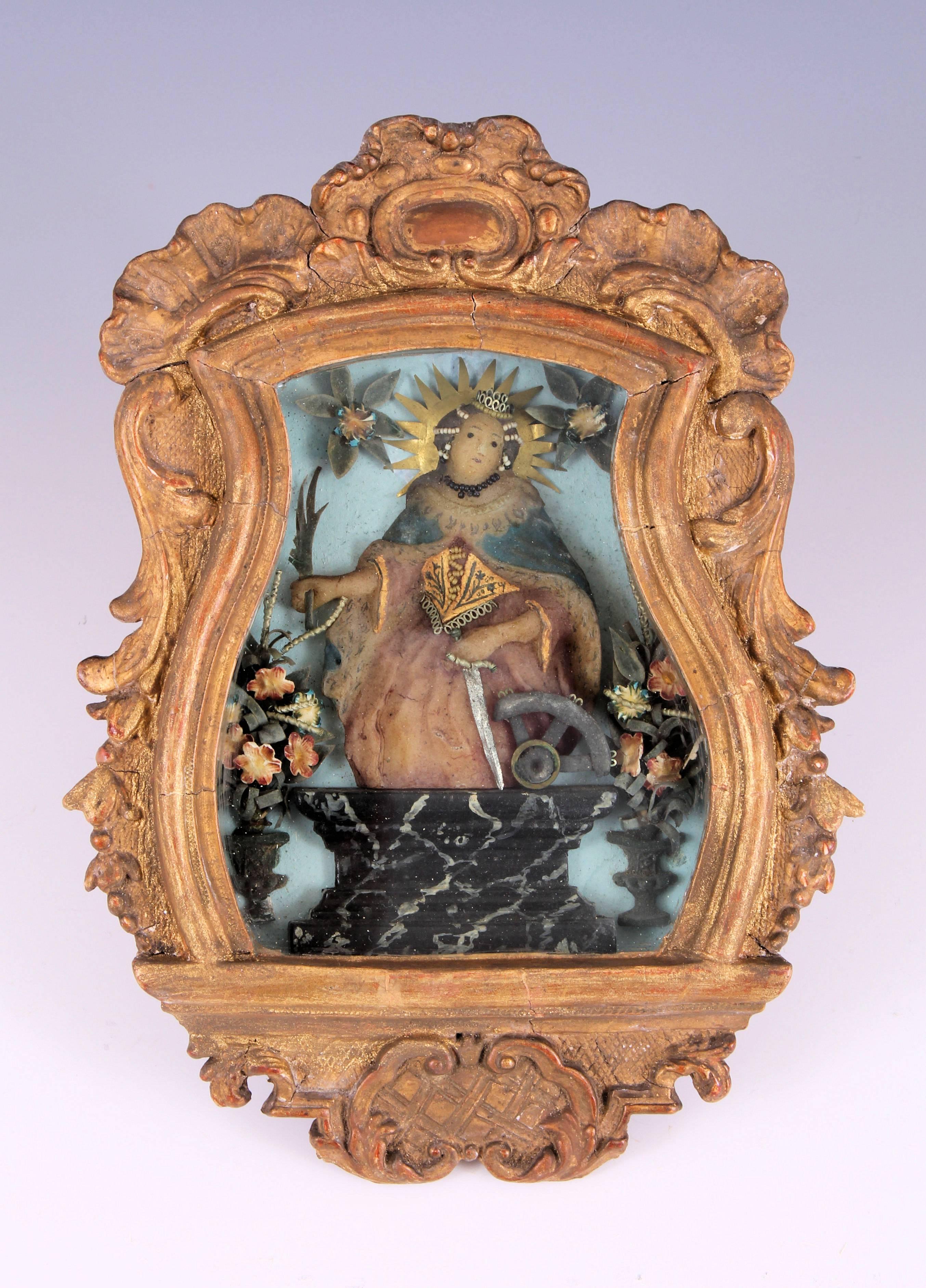 Rococò Icona del XVIII secolo, ritratto in cera, cornice in legno dorato in vendita