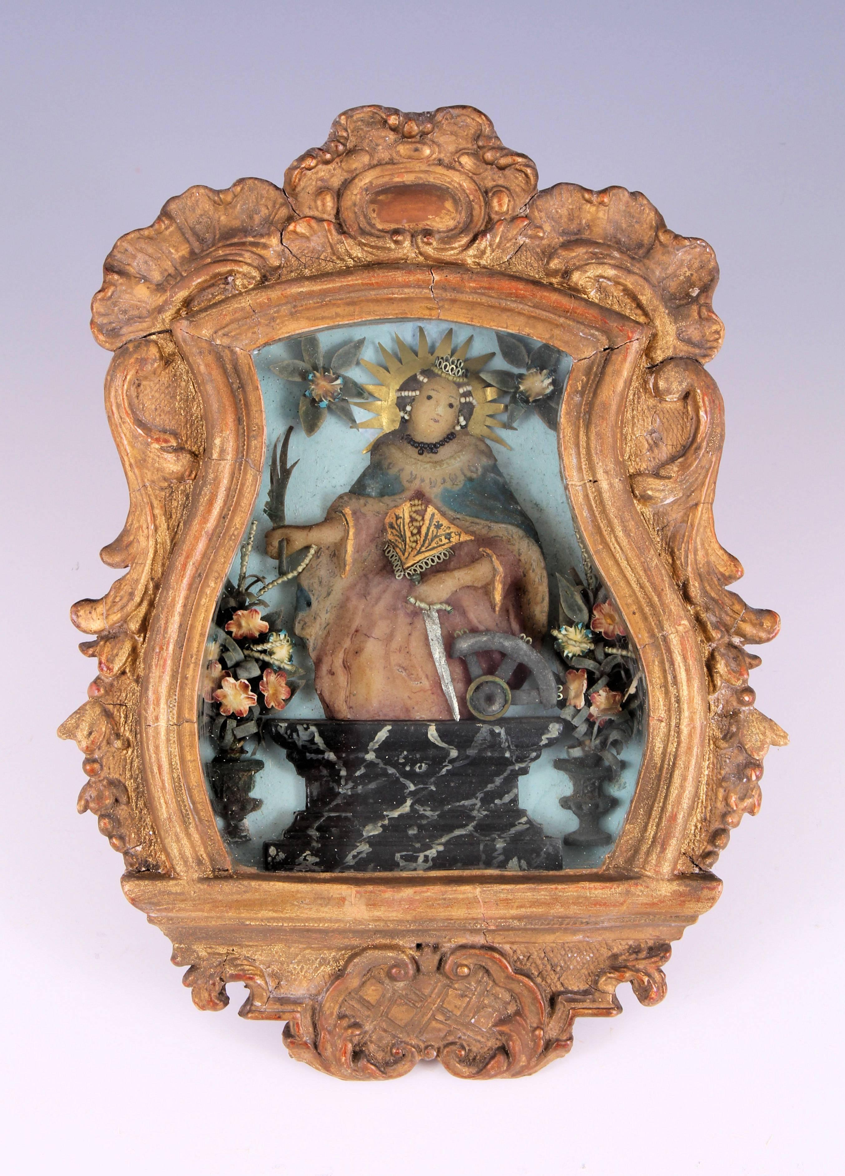 Rococo 18th Century Icon, Wax Portrait Giltwood Frame For Sale