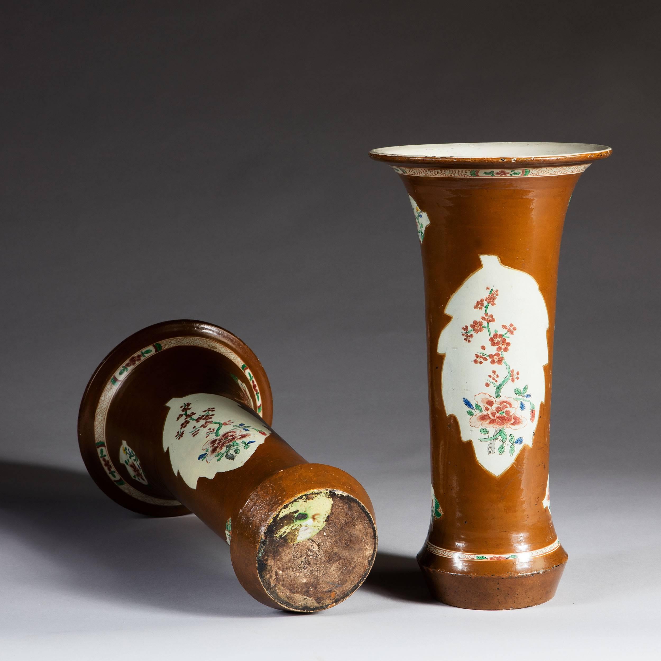 German Pair of Late 18th Century Brown Painted Batavia Trumpet Vases ‘Could Be Lamps’ For Sale