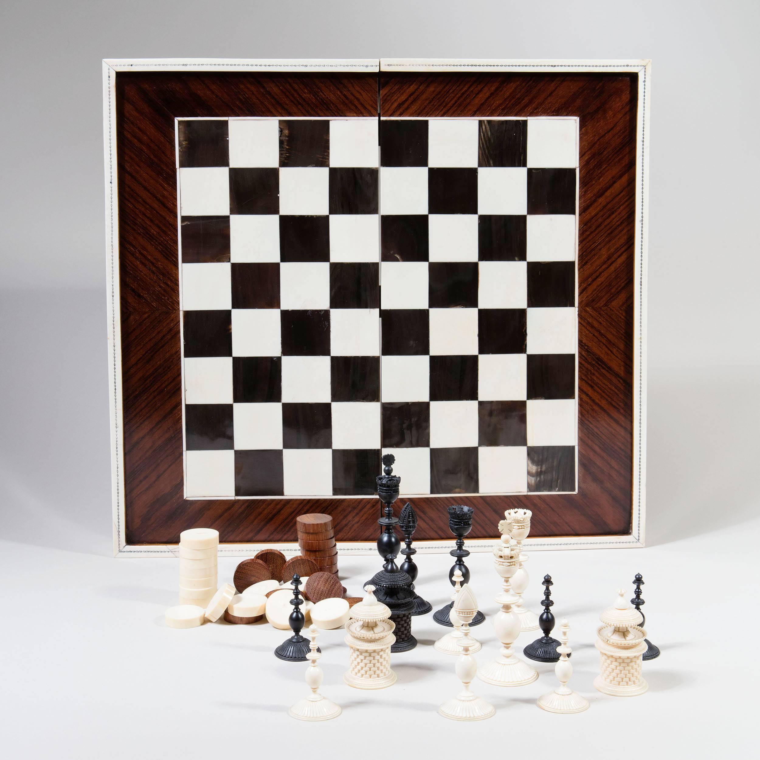 Anglo-Indian Indian Vizagapatam Sandalwood and Horn Chess, Draughts and Backgammon Set