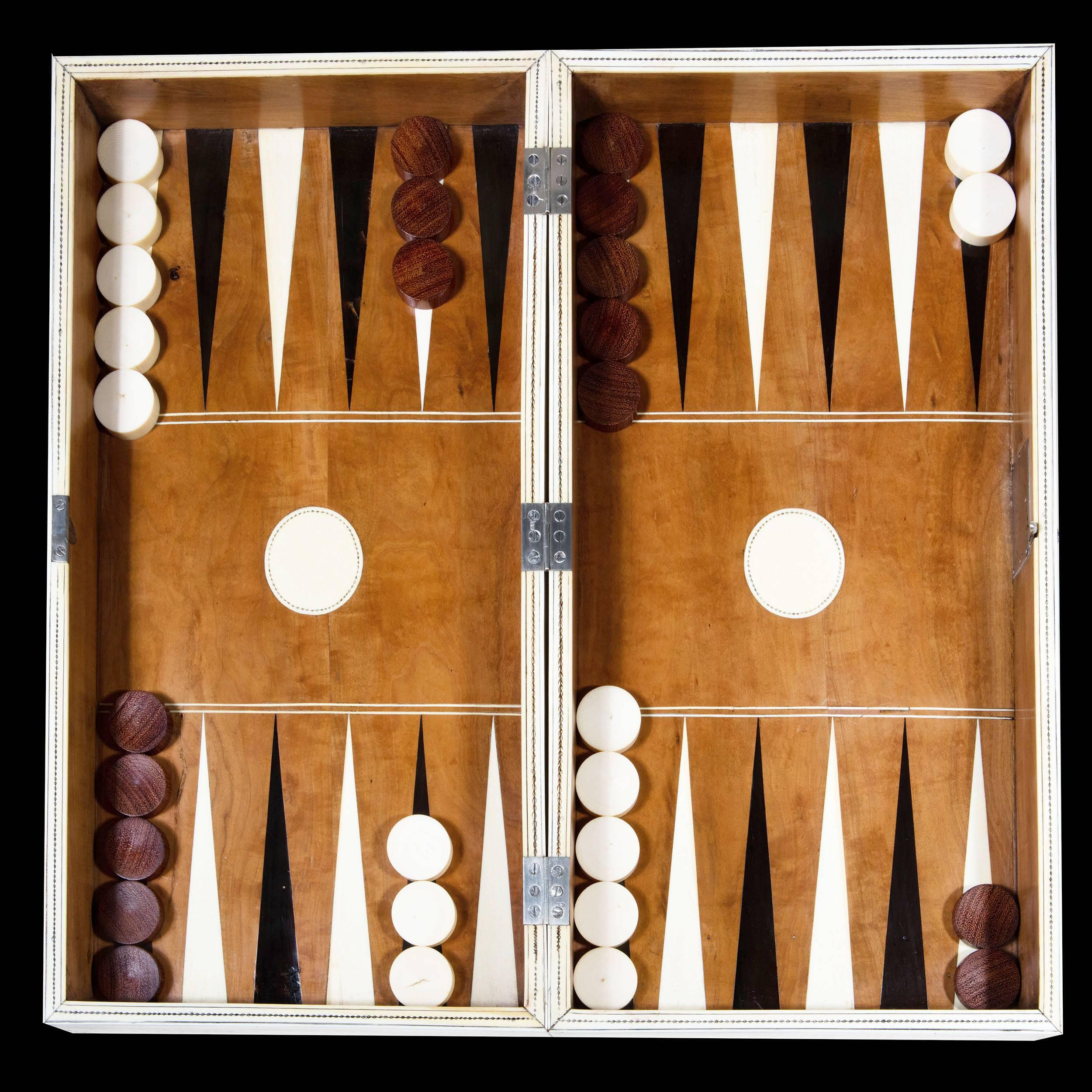 Indian Vizagapatam Sandalwood and Horn Chess, Draughts and Backgammon Set 1
