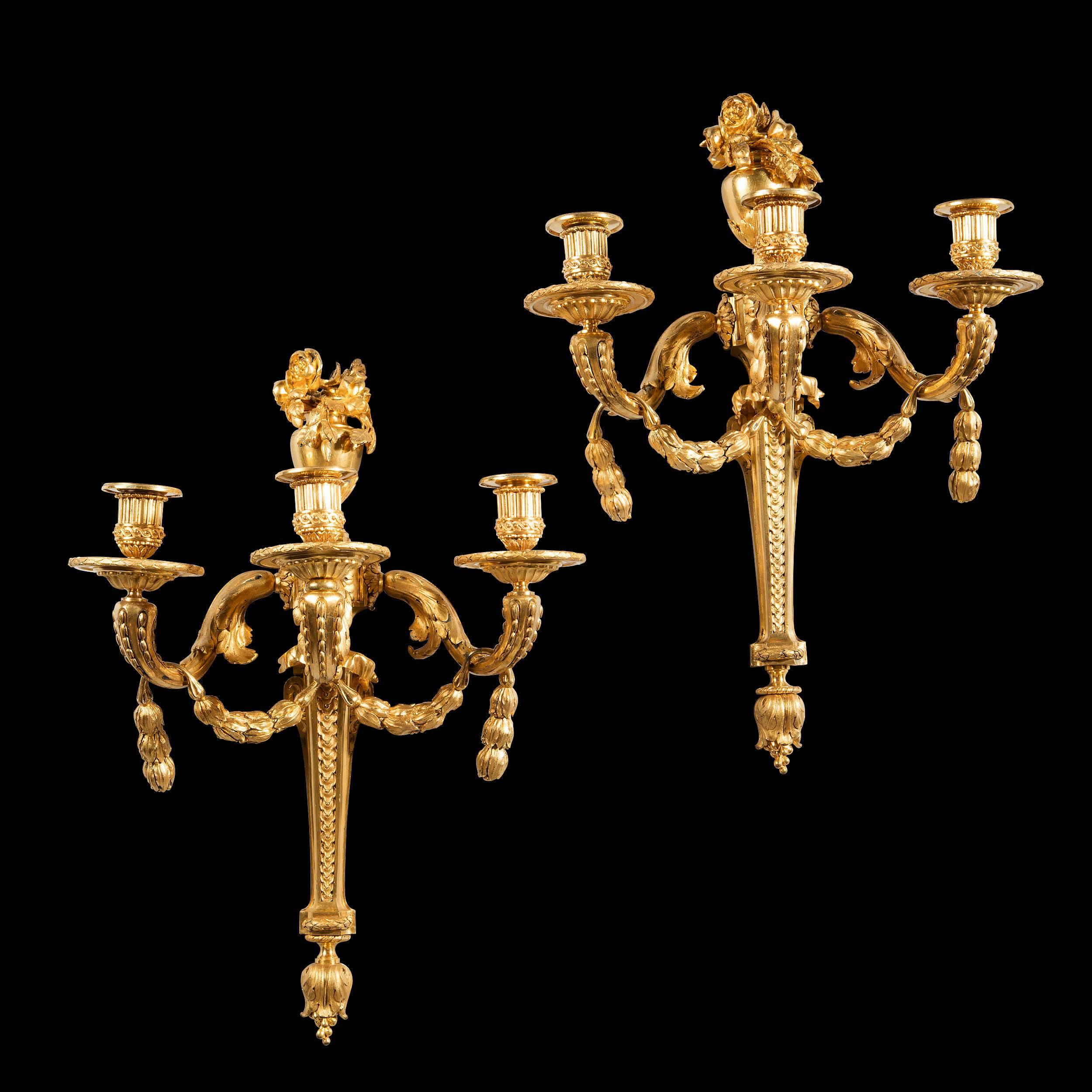 Monumental Pair of Louis XVI Gilt Bronze Wall Sconces Jean-Charles Delafosse For Sale 4