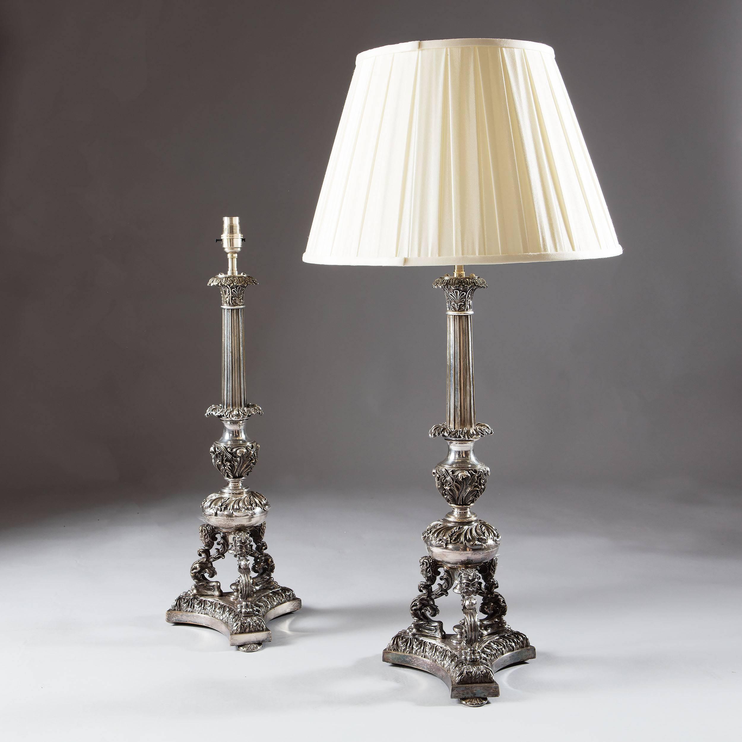 English Pair of Large Silvered Column Lamps For Sale