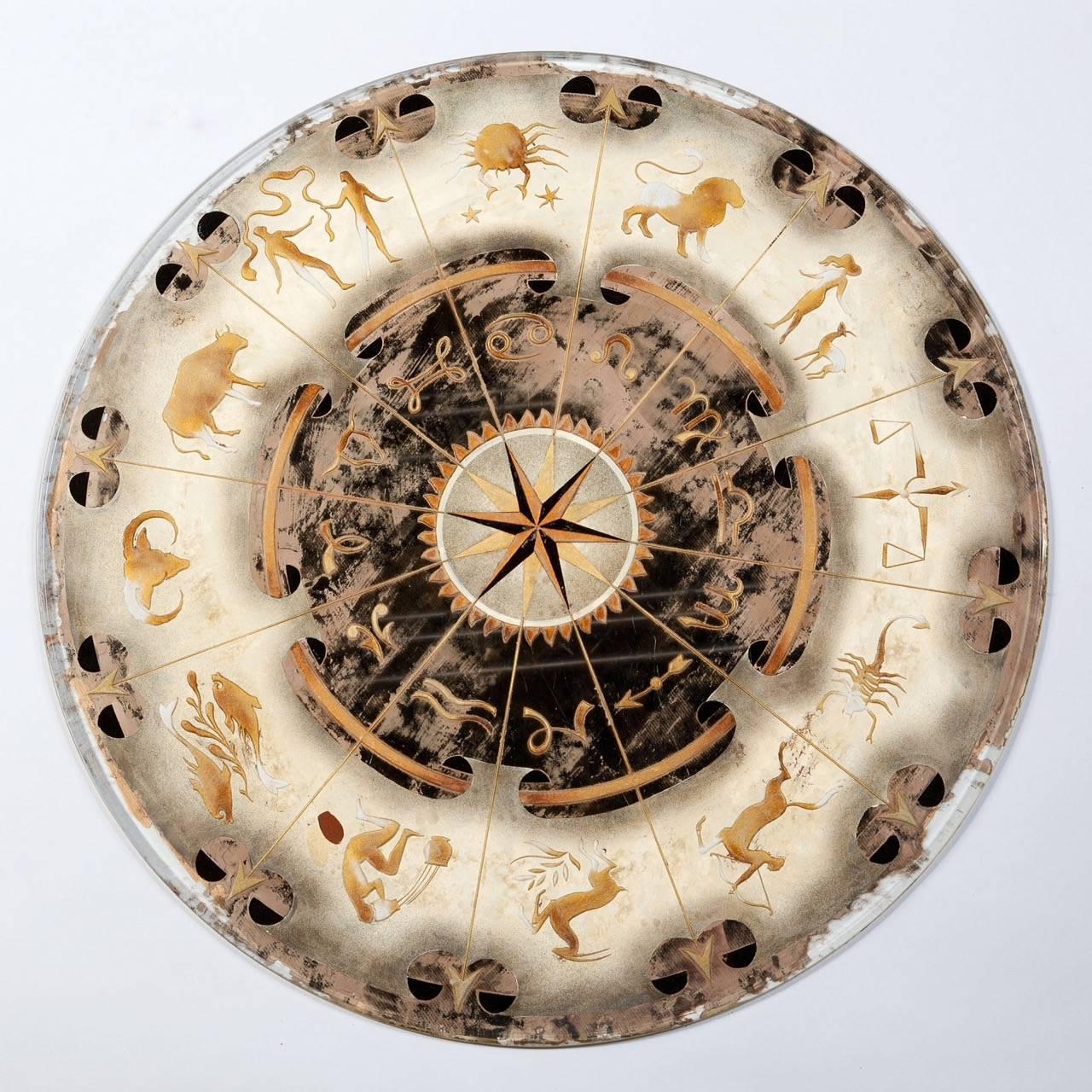 France, circa 1945.

Decorated in white and gold with deep engraving, depicting fantastical variants on the traditional representations of the signs of the zodiac.
​
Diameter 28in (72cm).
Pierre Lardin 1902-1982.
His work can be seen in:
The