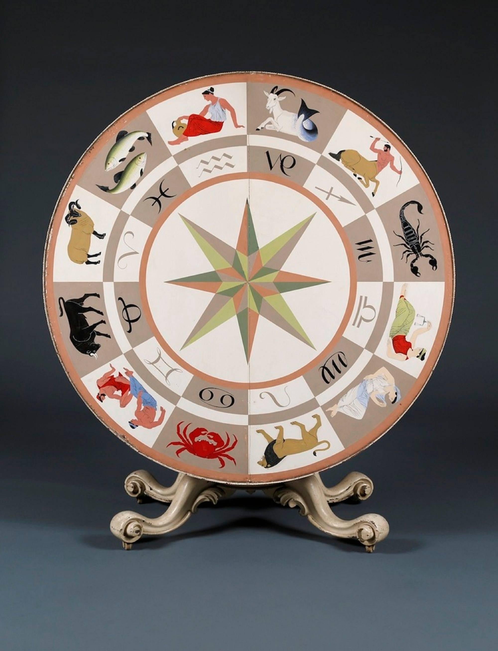 Of carved and painted wood. The top with polychrome painted wheel of the Zodiac with central compass motif, the edge with arcaded frieze and bead molding. The base of a turned and carved column with bulbous central section and four down swept legs
