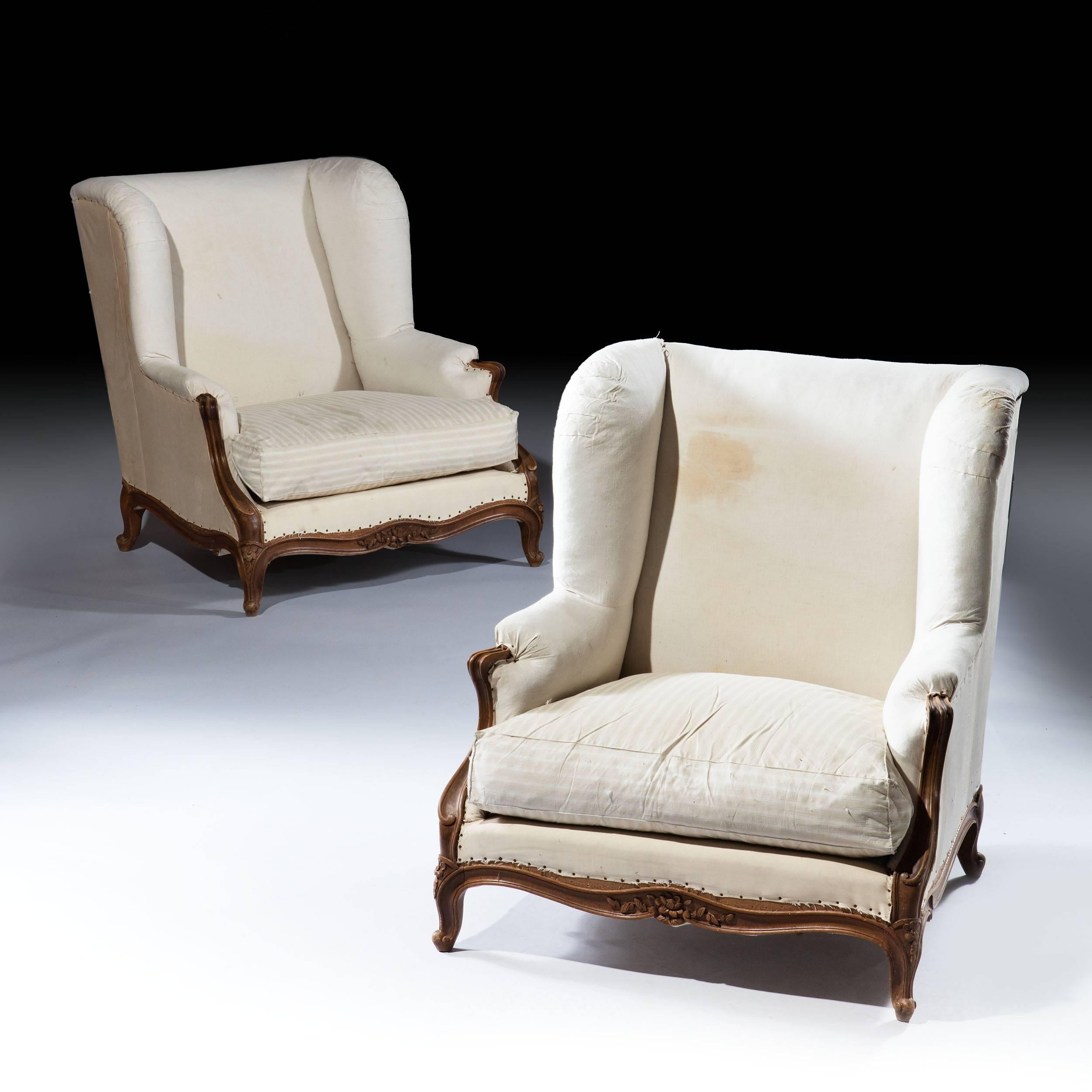 Pair of Overscale French Louis XV Style Bergeres Armchairs 1