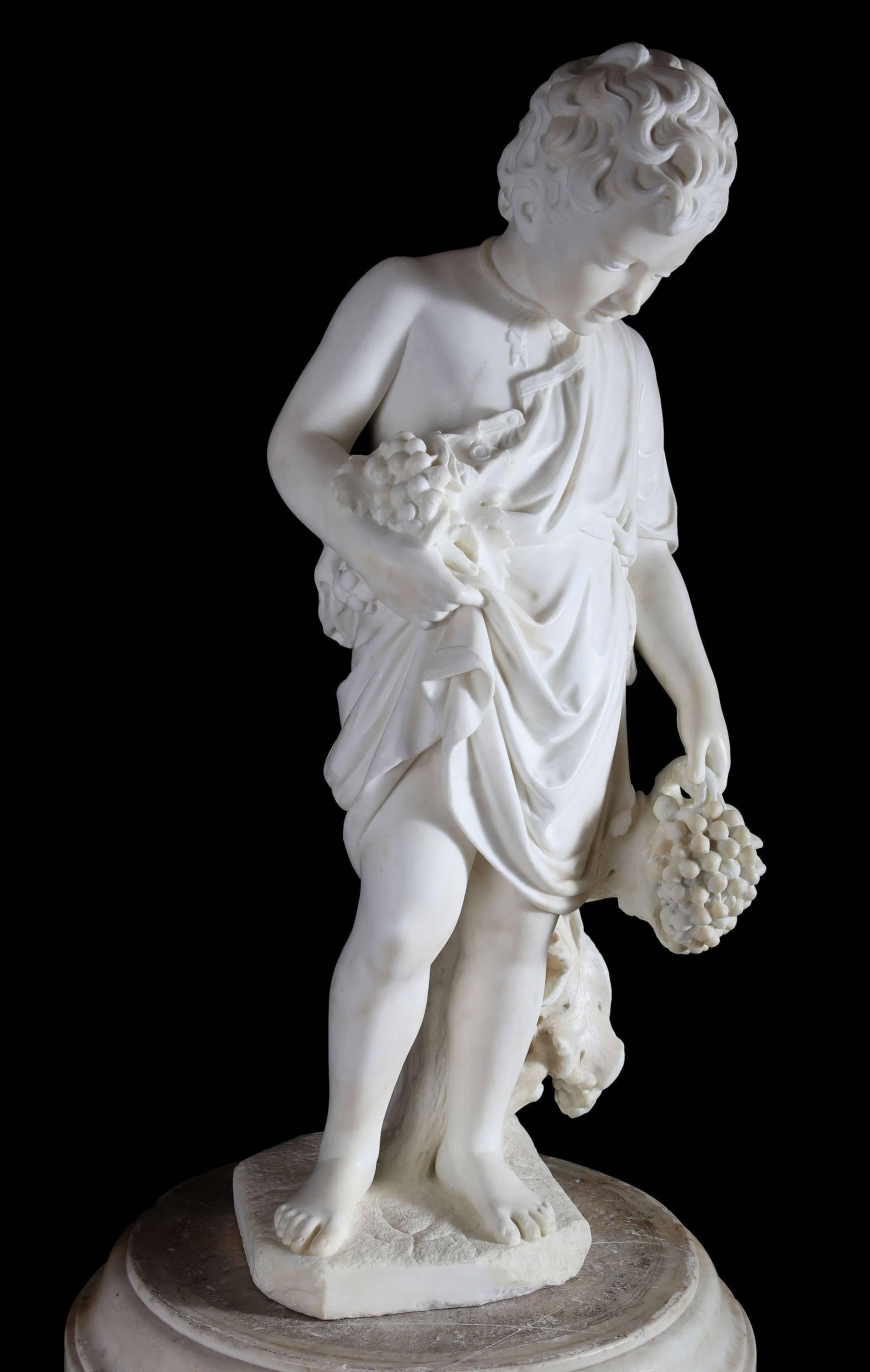 Important and extremely rare 19th century carved marble figure of young Roman God Bacchus (also known as Dionysus in Greek) as autumn by Professore Giuseppe Lazzerini, circa 1862.

The rarity and attention to detail on this wonderful carved and