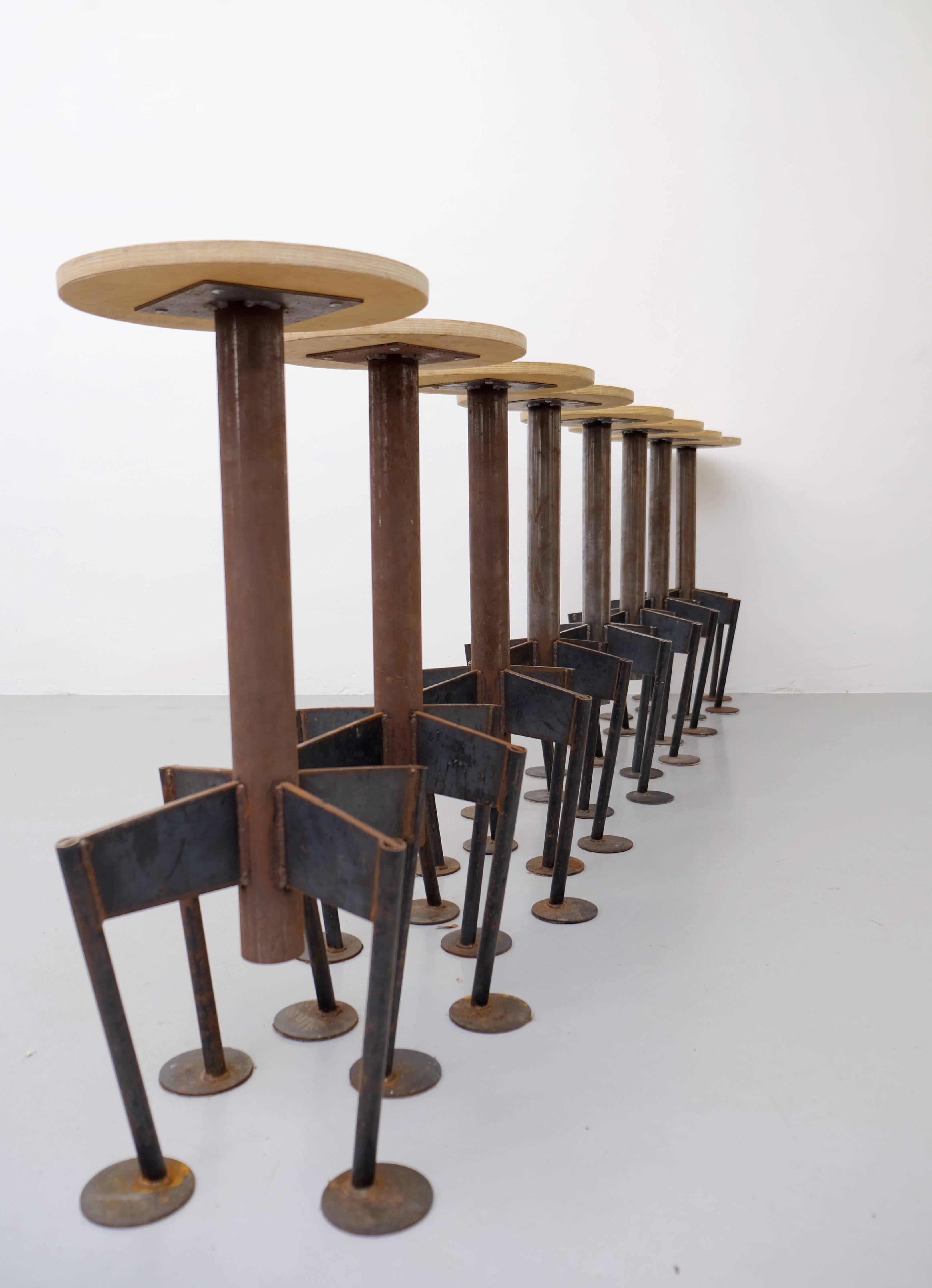 Unique set of eight bar stools. Specially made by architect Arpad Földessy for a villa in Stockholm, Sweden, 1980s.