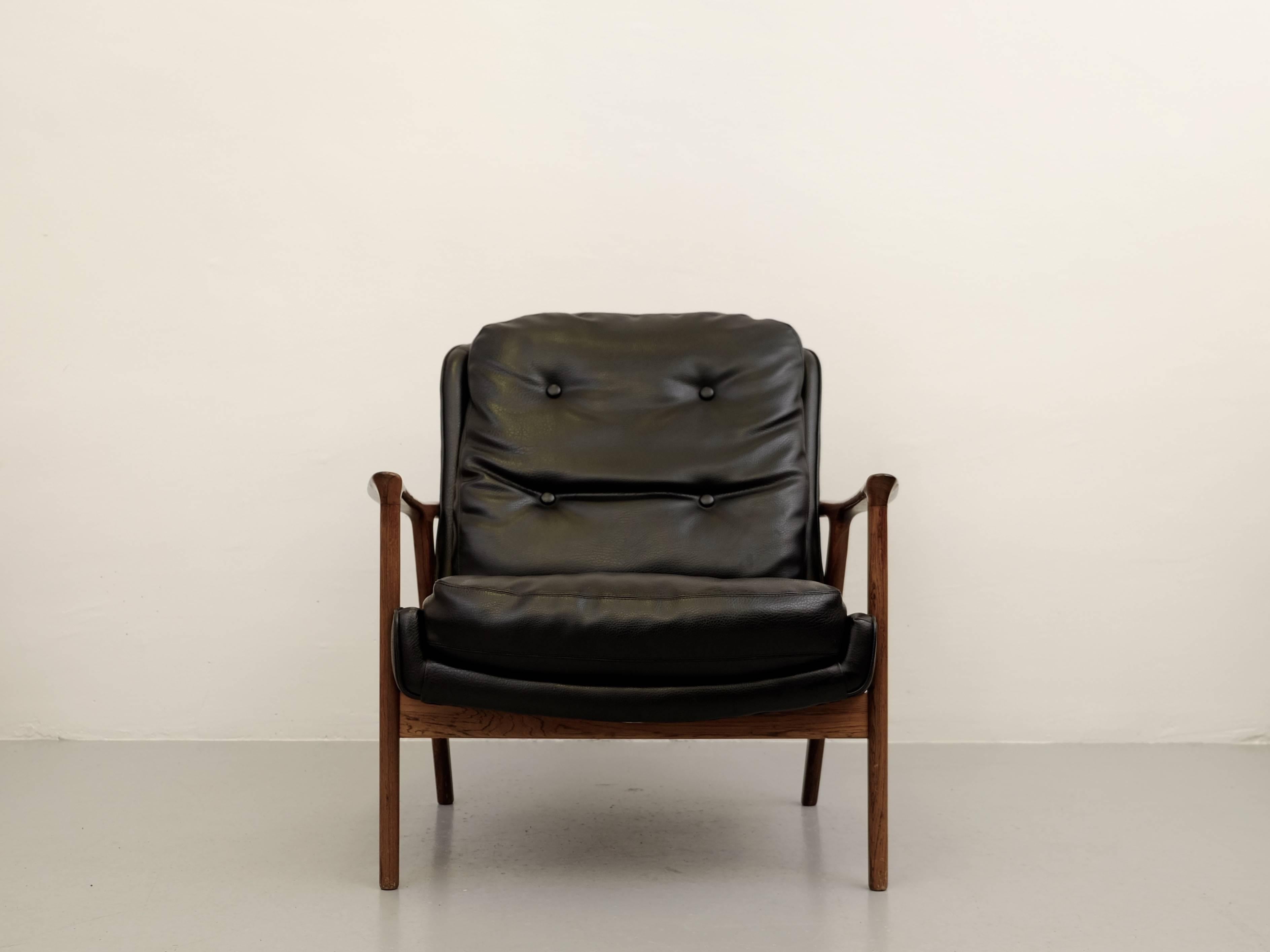 Scandinavian Modern Rosewood and Black Leather Armchair 