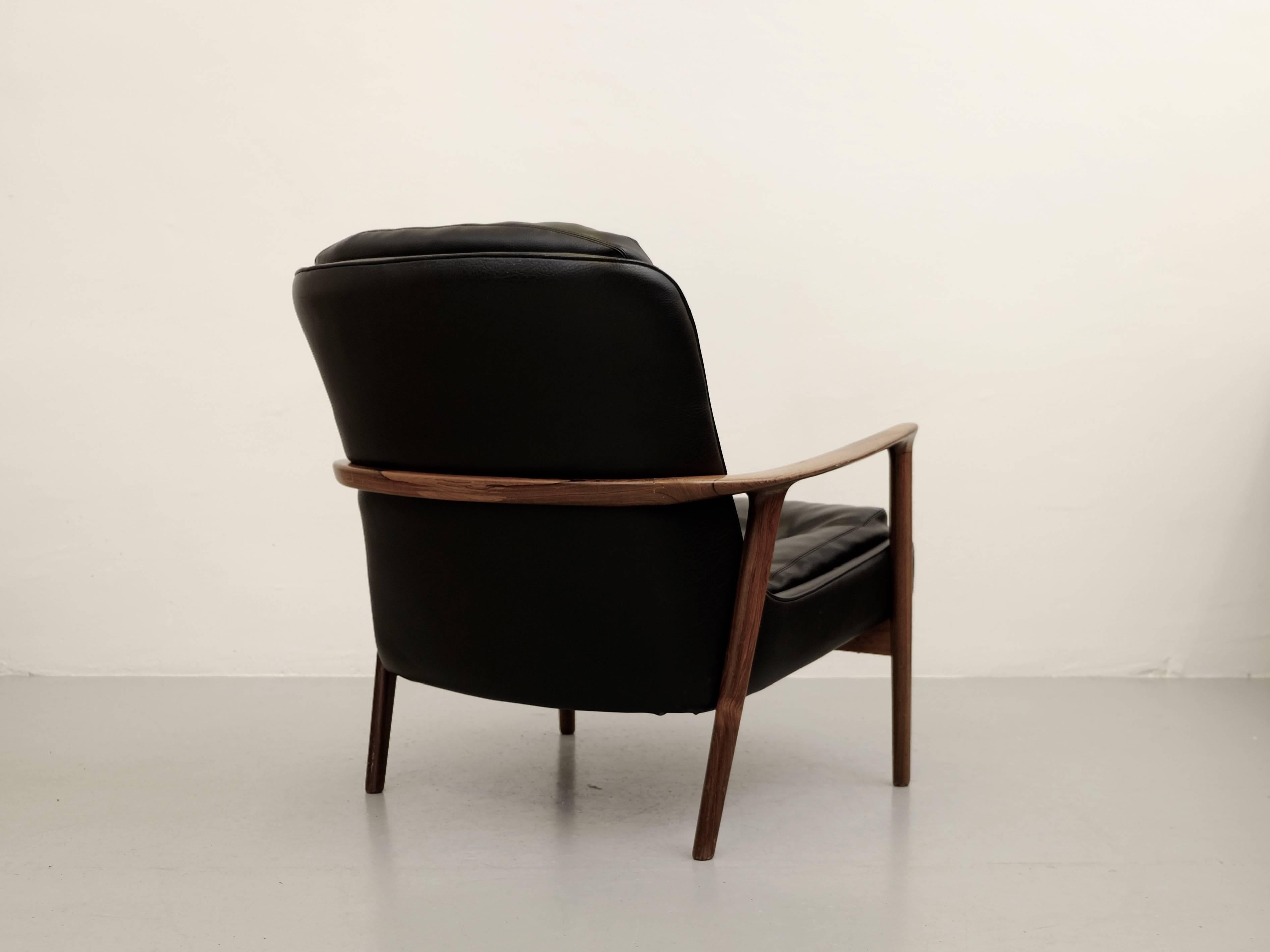 Swedish Rosewood and Black Leather Armchair 