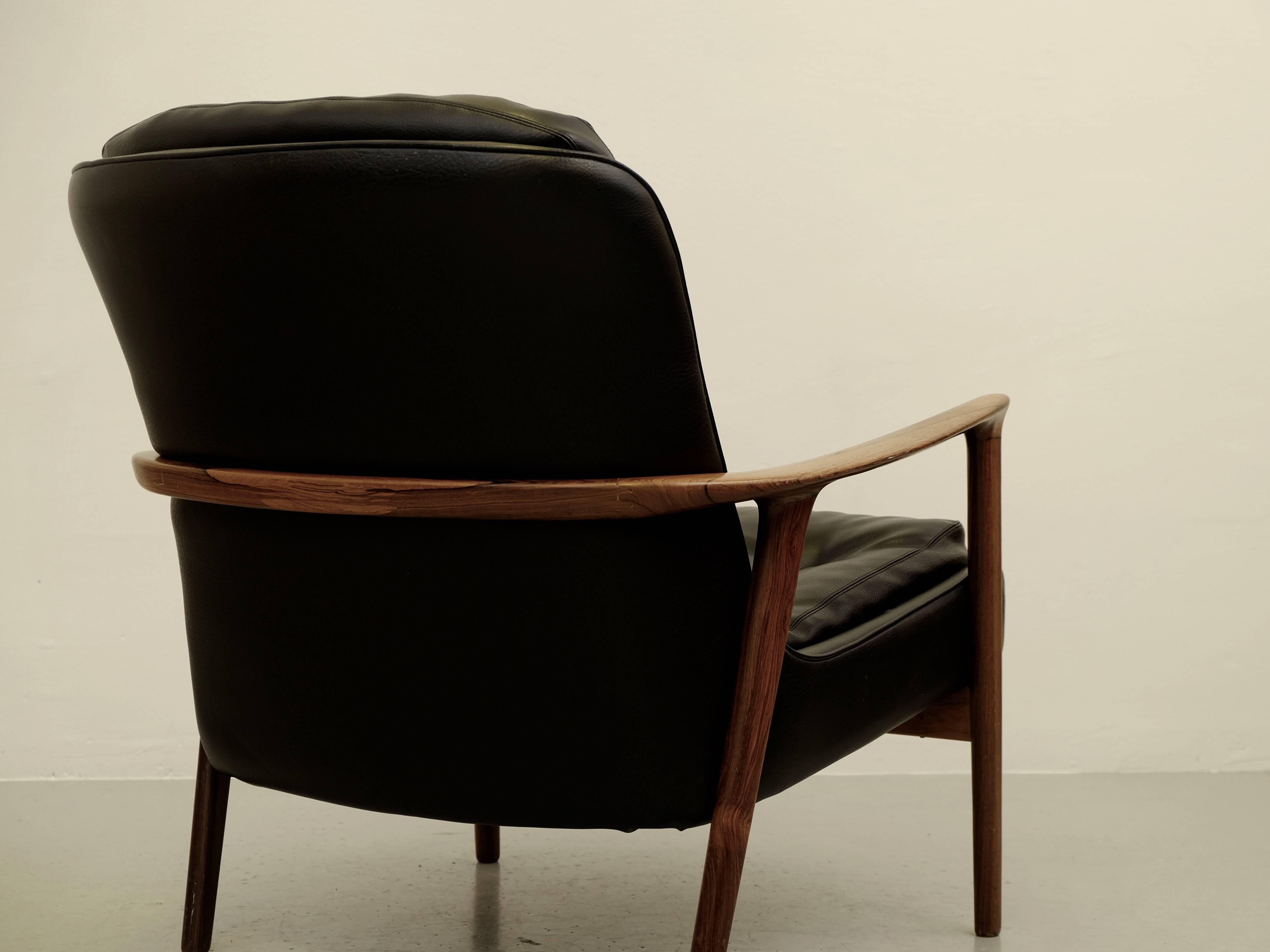 Rosewood and Black Leather Armchair 
