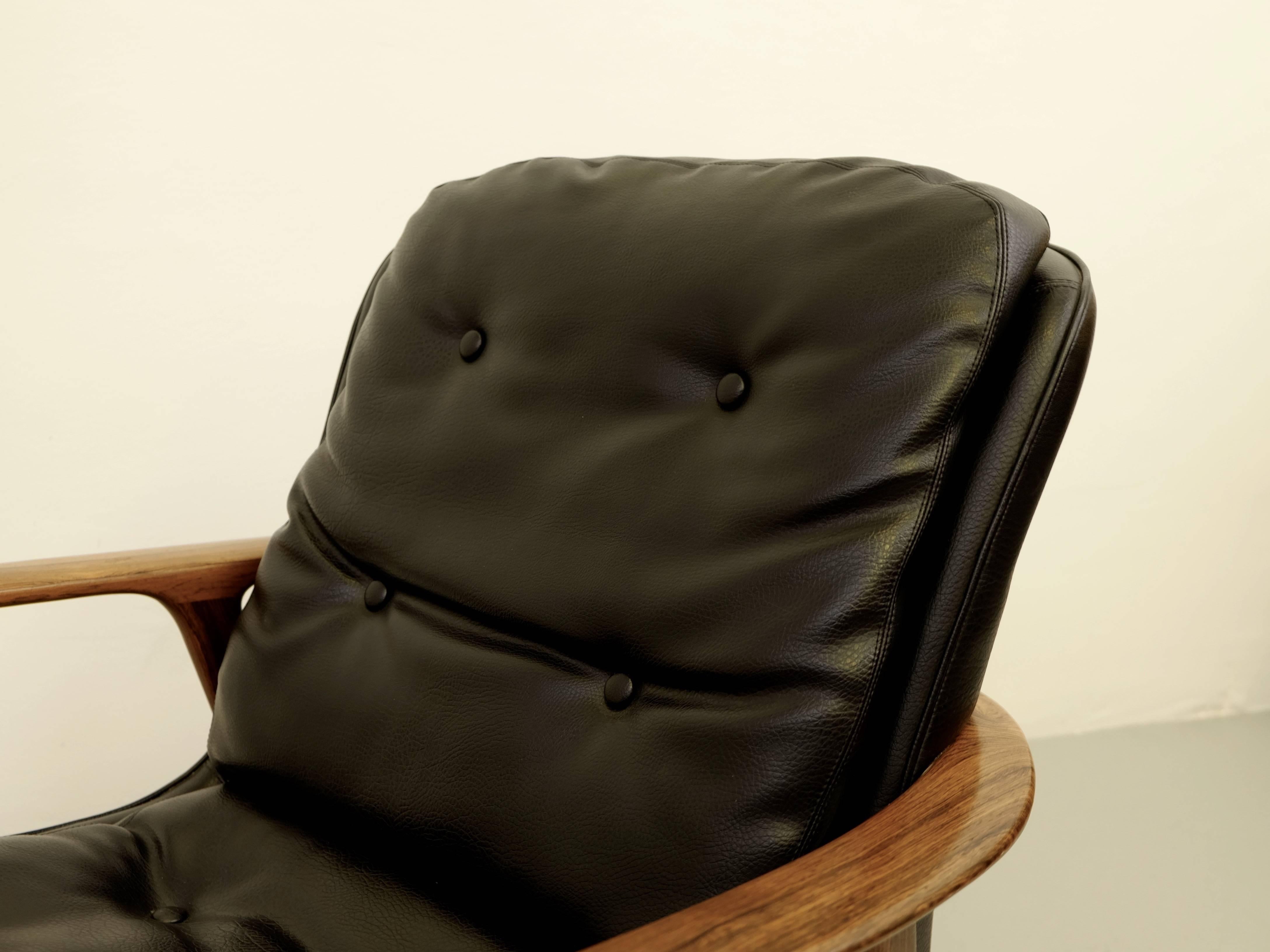 Mid-20th Century Rosewood and Black Leather Armchair 