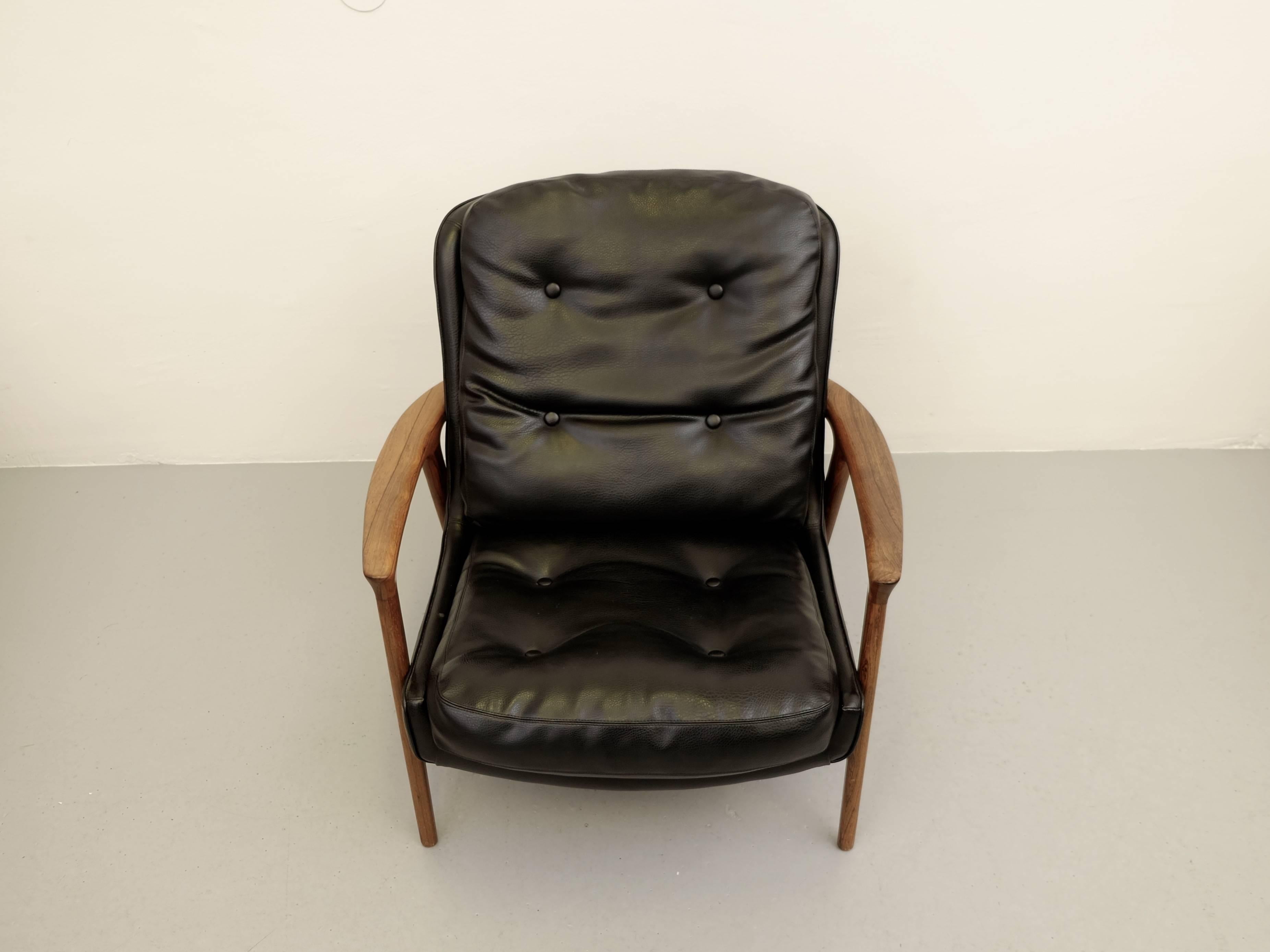 Rosewood and Black Leather Armchair 