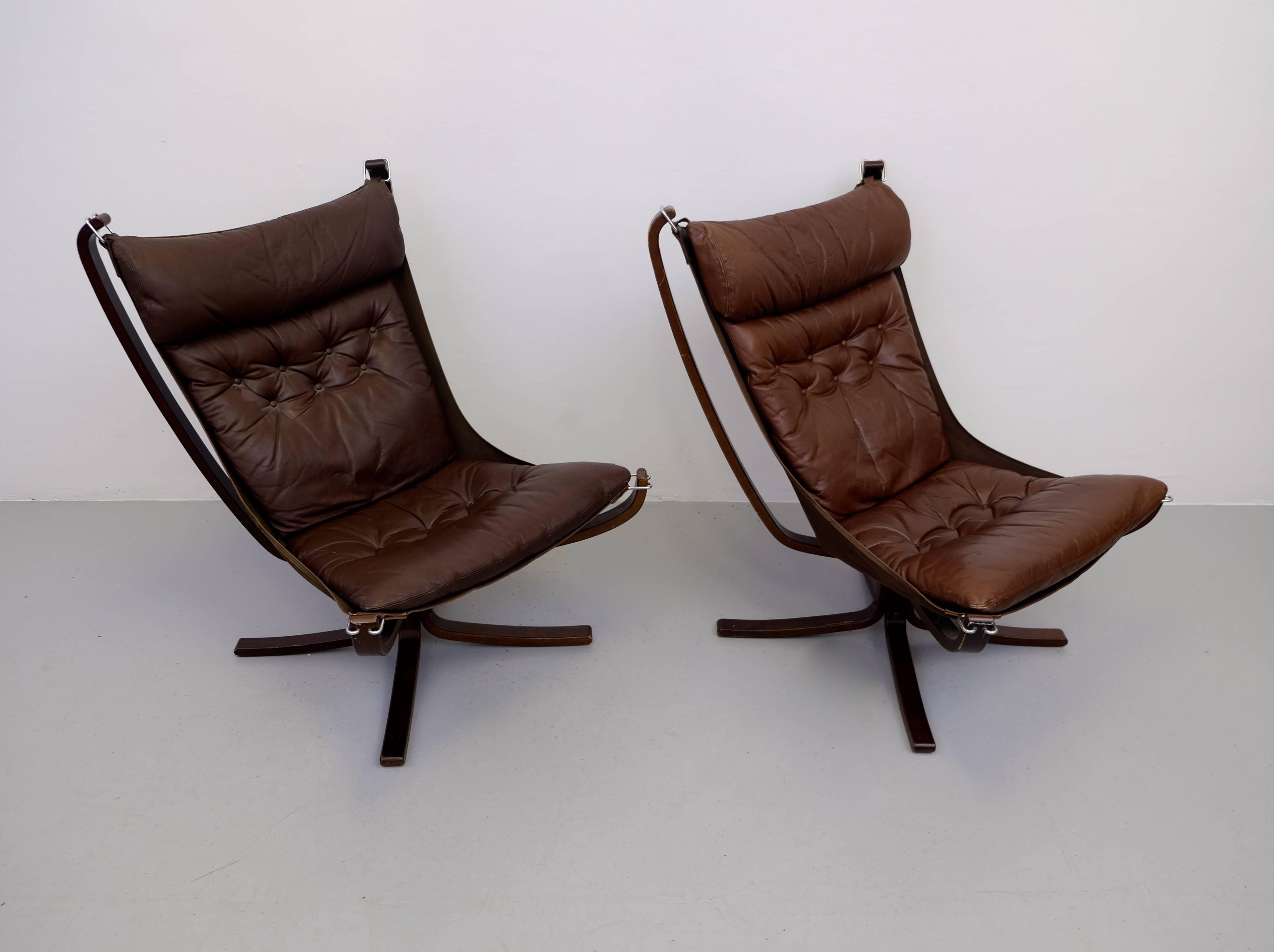 Norwegian Pair of High Back Falcon Chairs by Sigurd Ressell, Norway, 1970s