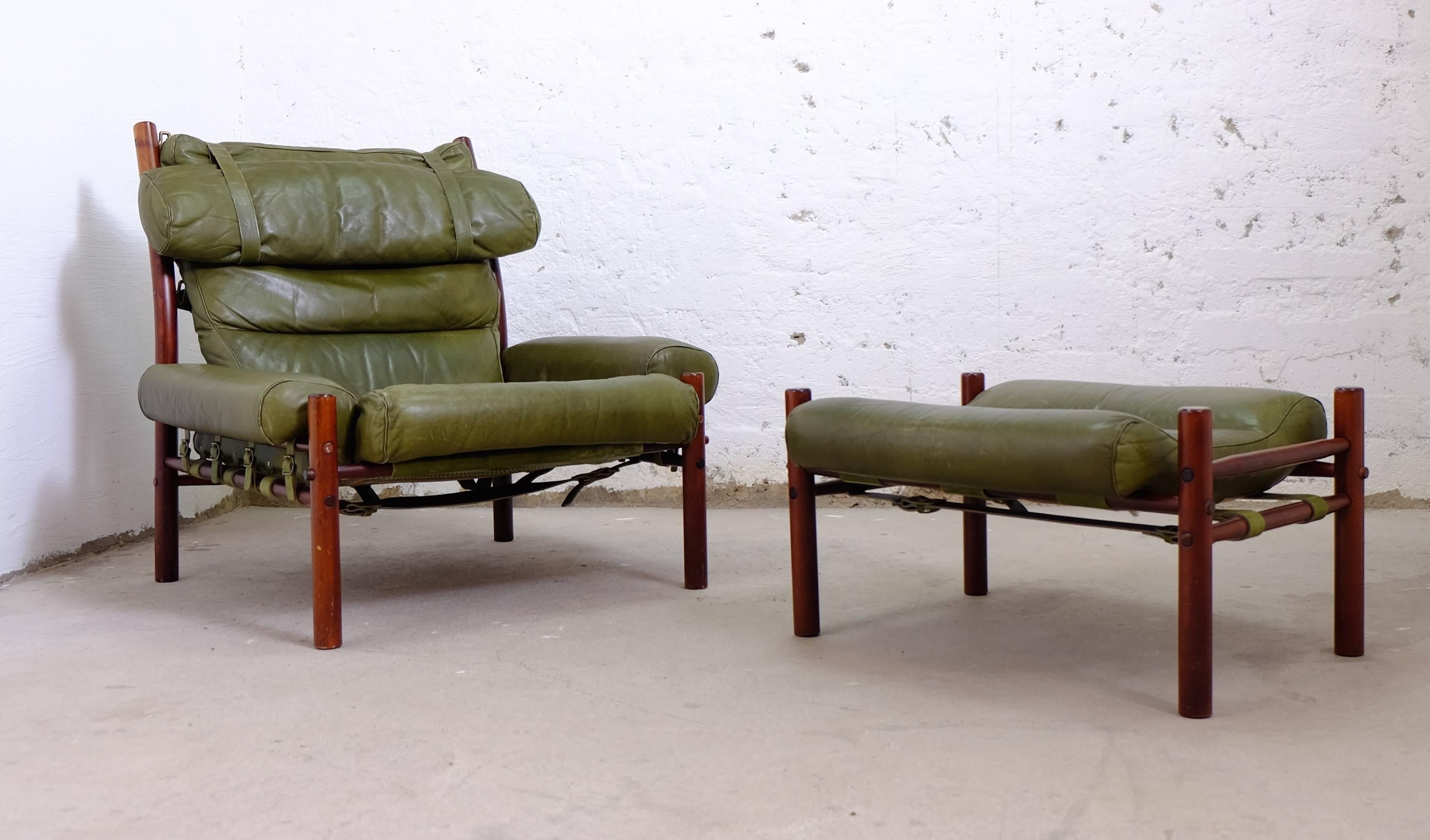 Leather Arne Norell Easy Chairs with Stools Model Inca