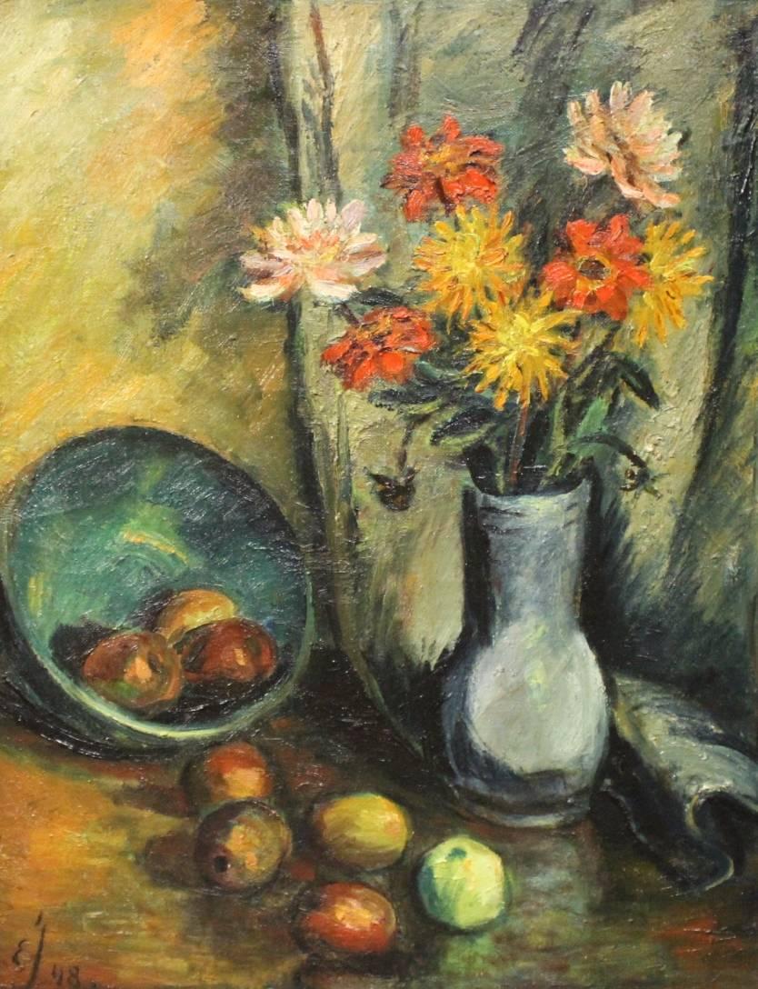 Il dipinto a olio su tela di Ejner Johansen del 1948 sembra un'opera d'arte deliziosa. Ejner Johansen era un artista danese noto per i suoi dipinti, spesso caratterizzati da composizioni di nature morte e motivi ispirati alla natura.

Il soggetto