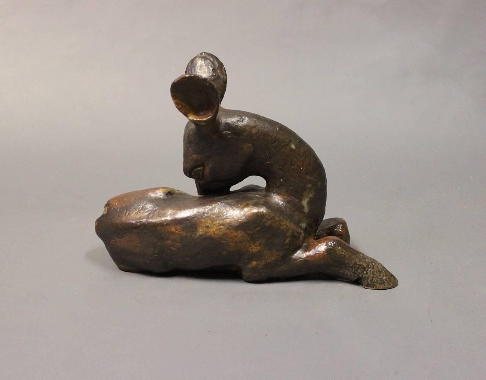 Scandinavian Modern Dark Brown Ceramic Figure, Laying Deer, No.: 161 by Arne Bang, 1929