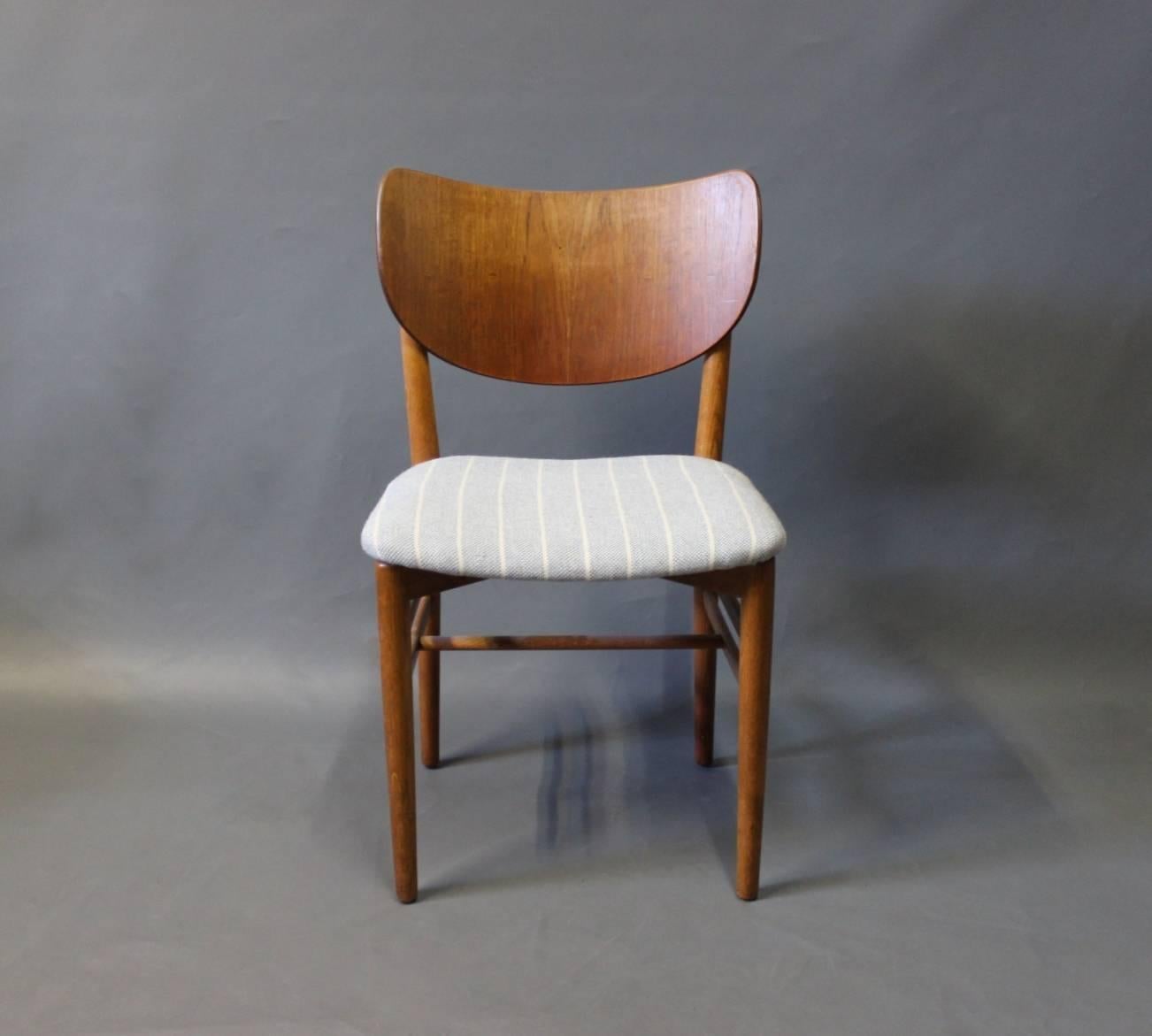 A set of four dining room chairs designed by Nils and Eva Koppel in the 1960s. The chairs are of teak and upholstered in light wool.