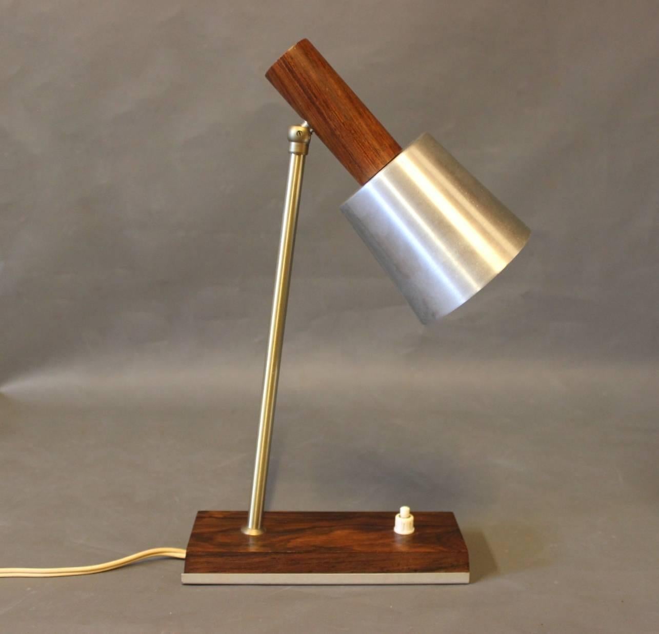 Scandinavian Modern Small Table Lamp with Shade of Steel and Frame of Teak, Danish Design, 1960s