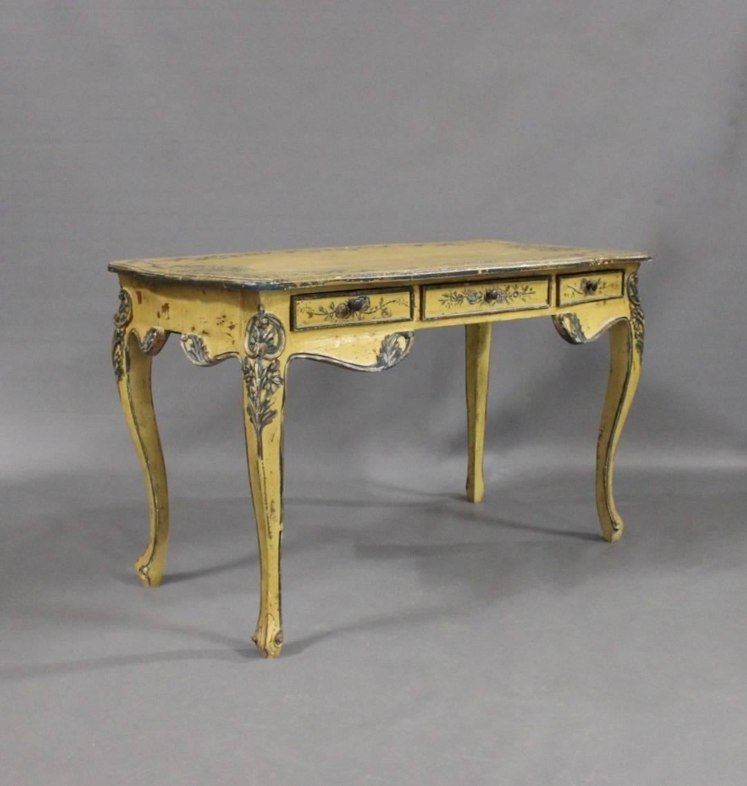 Antique painted desk in light colors from France, circa 1930s. The table is in great vintage condition.