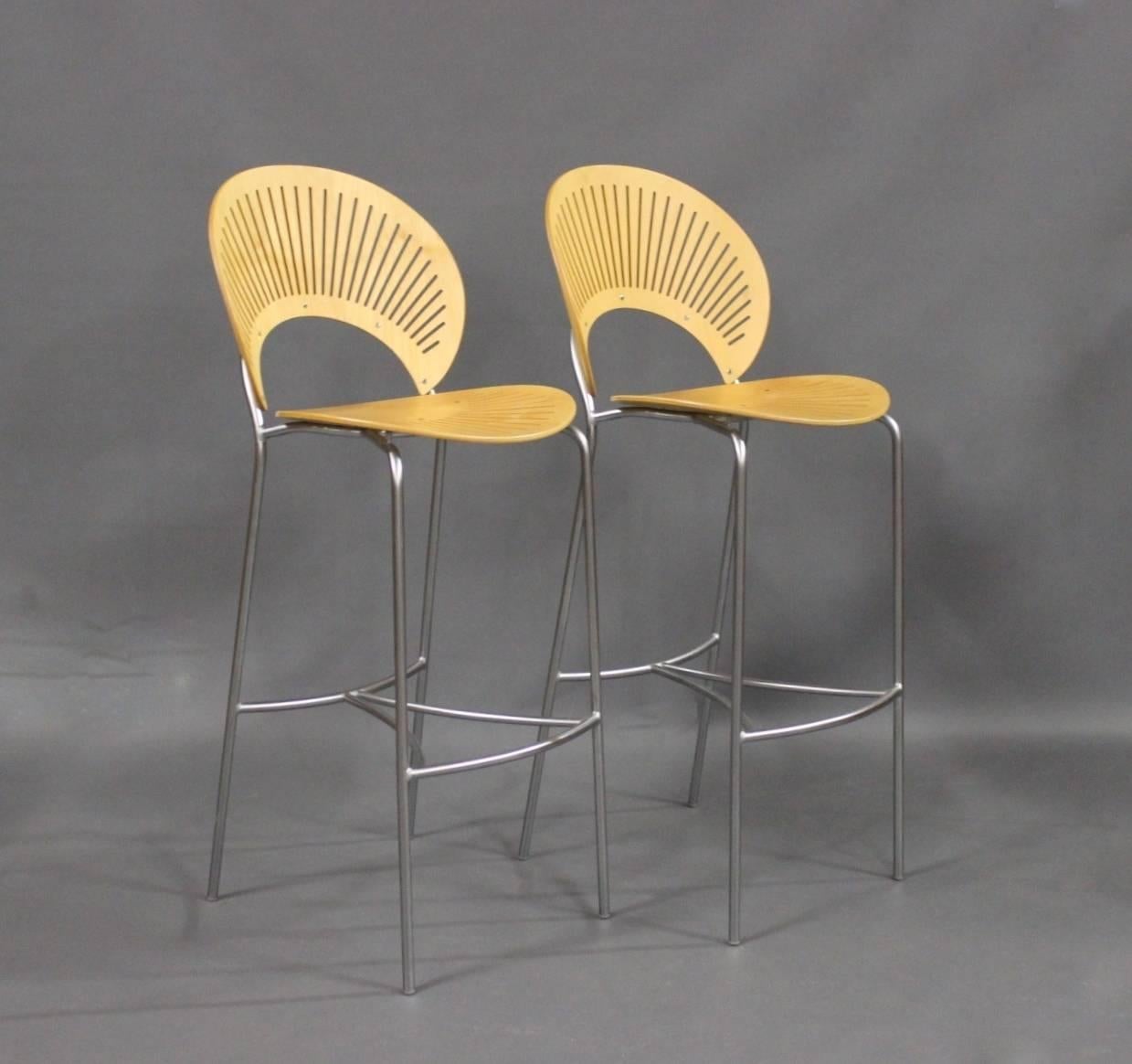 A set of Trinidad stools in Birch and with frame in chrome. The stools was designed by Nanna Ditzel in 1998 and manufactured by Fredericia furniture. Model no. 3300 and serial no. 1002.