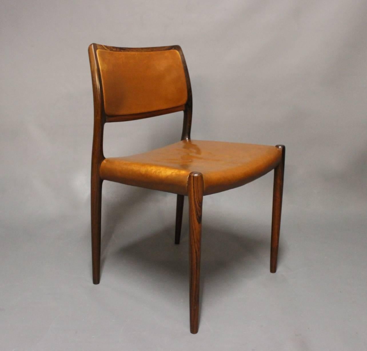 Set of Four Dining Chairs, Model 80 in Rosewood by N.O. Møller, 1960s In Good Condition In Lejre, DK