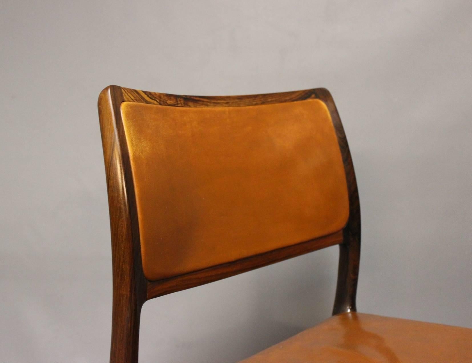 Leather Set of Four Dining Chairs, Model 80 in Rosewood by N.O. Møller, 1960s