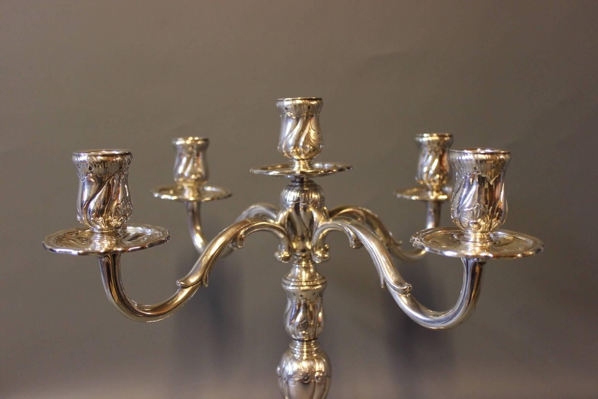 British Pair of Five Armed Candelabra in 925 Sterling Silver by English Silver House