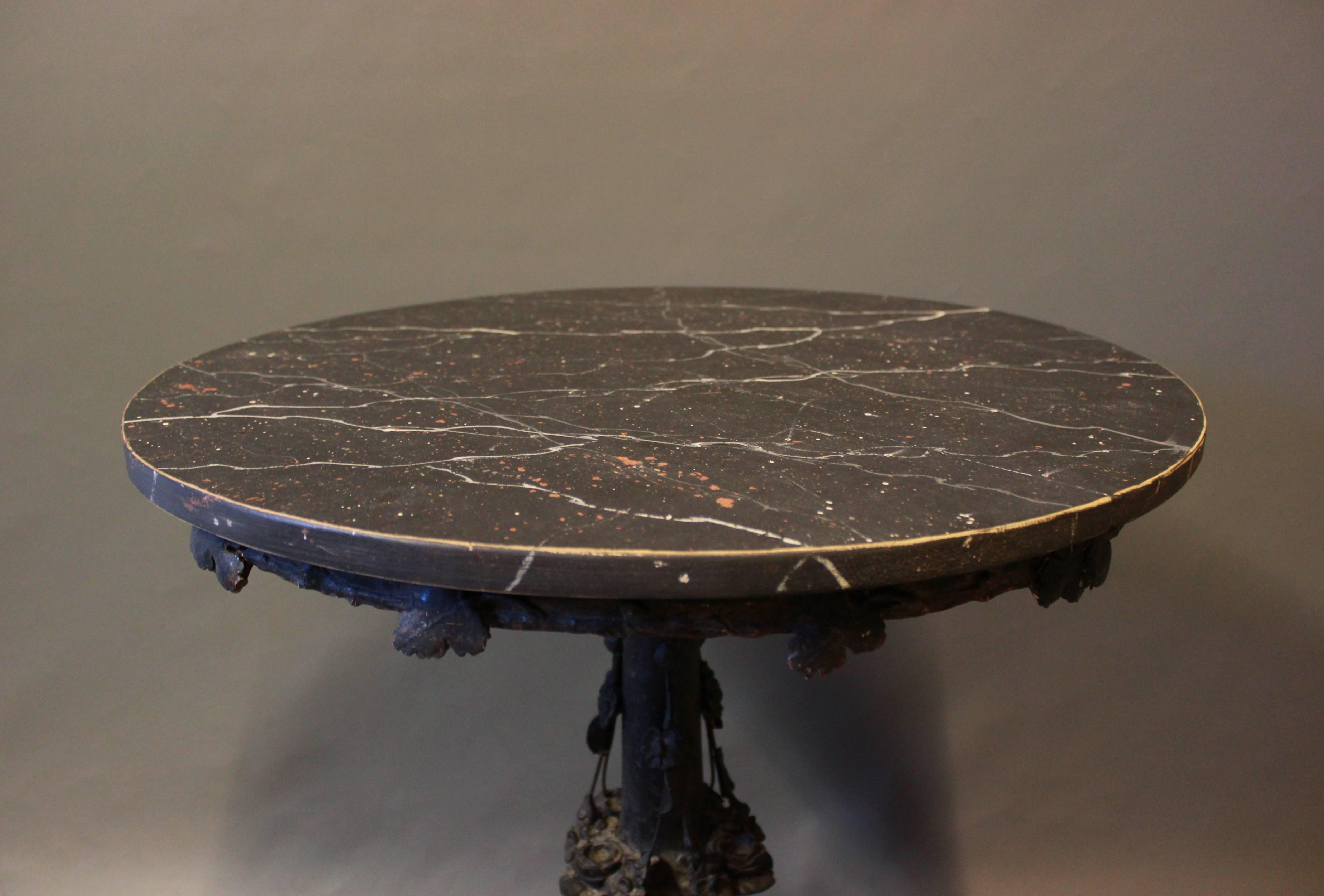 Swedish Round Side Table with Black Marbled Tabletop, Gustavian Style, 1880s For Sale