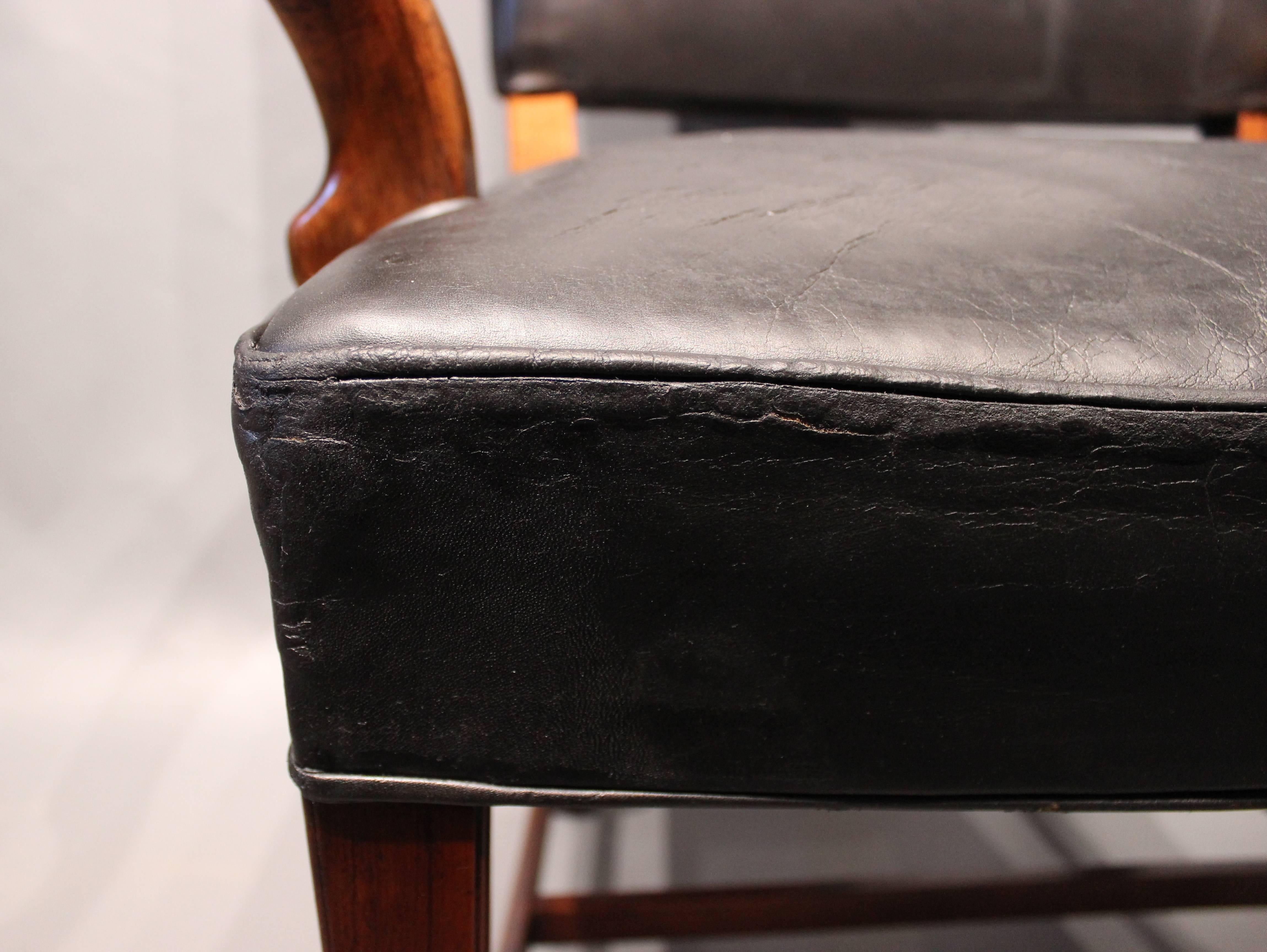 Danish Armchair in Walnut and with Original Black Leather Fritz Henningsen, 1940s