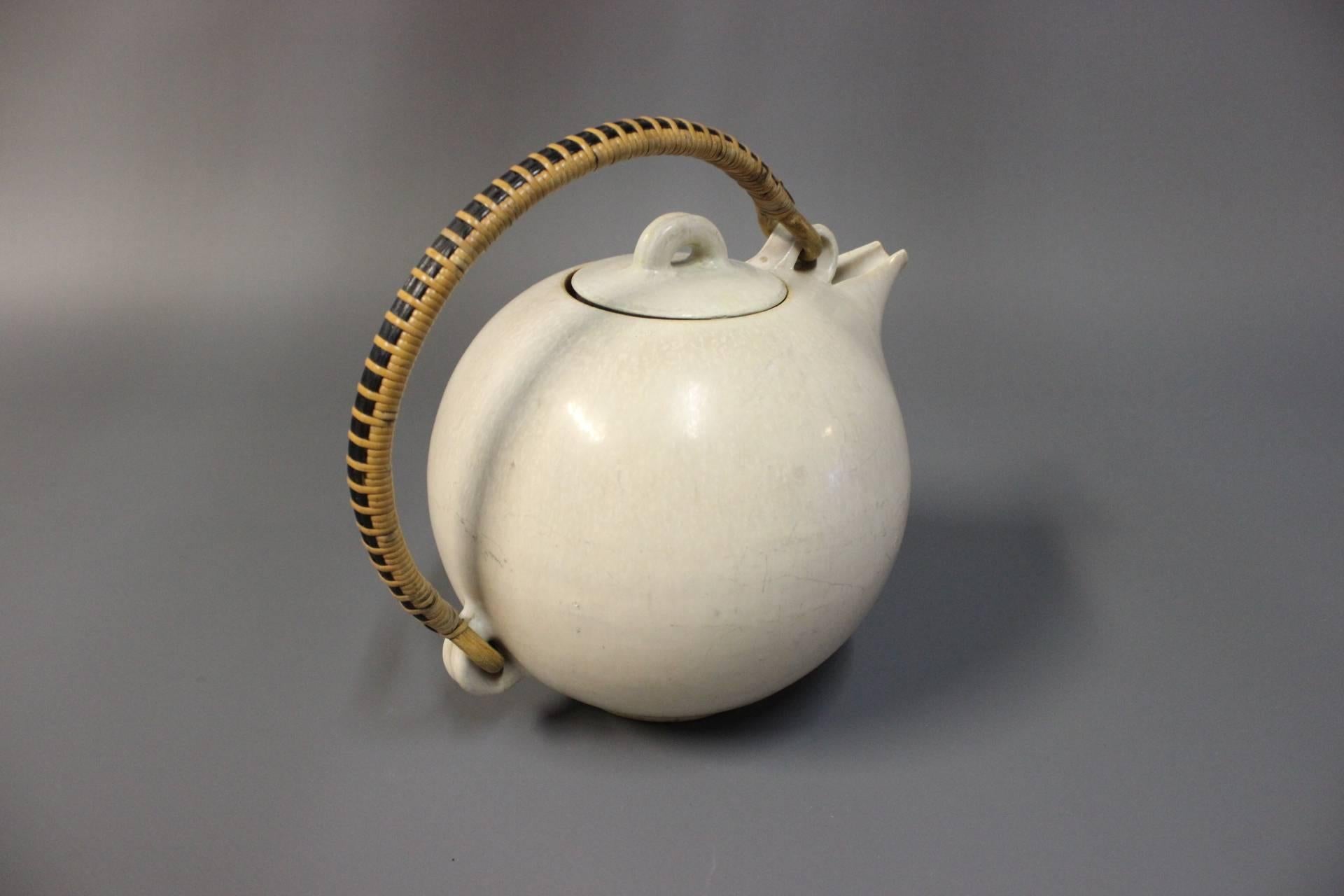Danish White Glazed Saxbo Teapot with Bast Handle, No. 68, circa 1940s