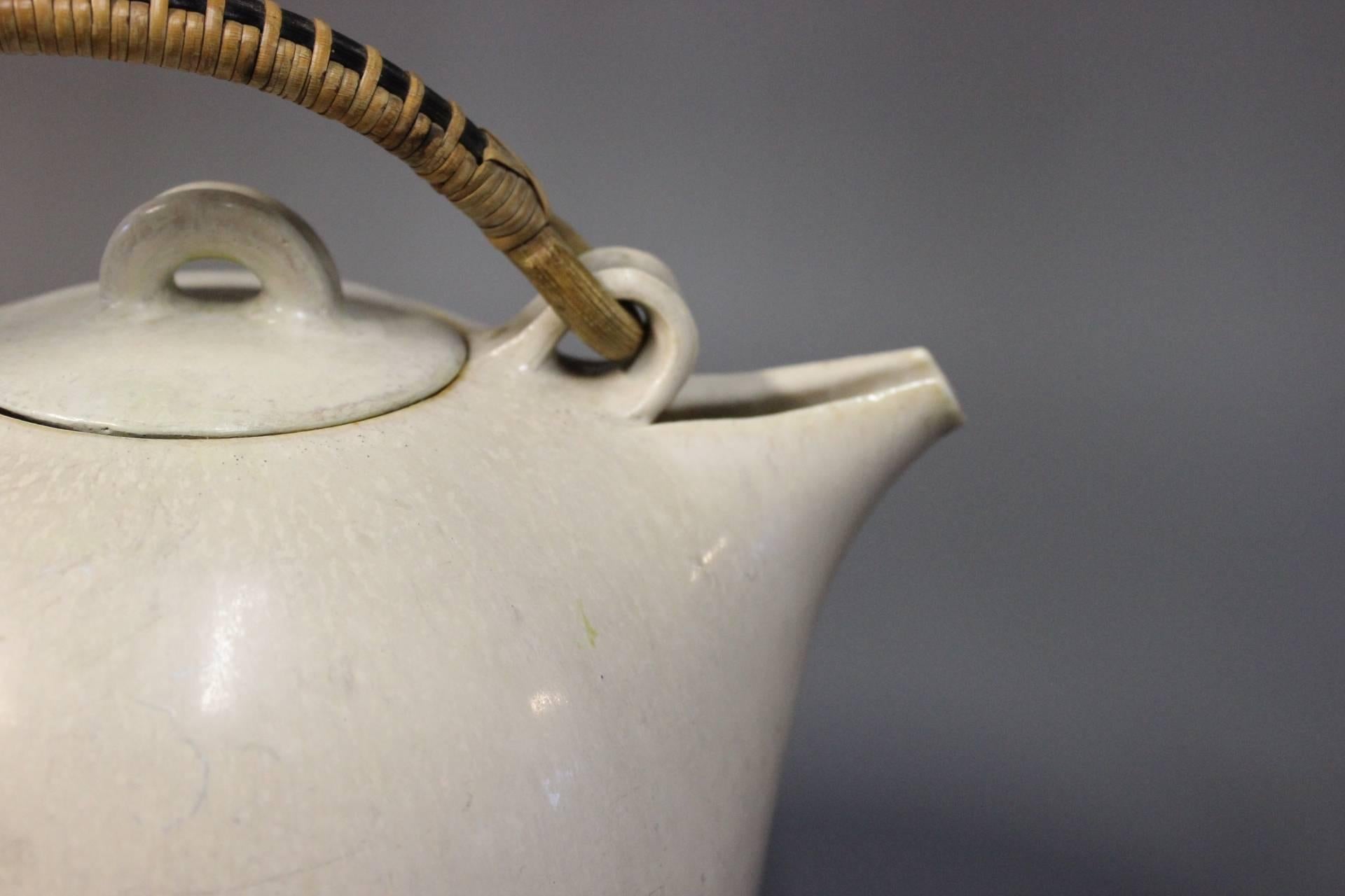 Stoneware White Glazed Saxbo Teapot with Bast Handle, No. 68, circa 1940s