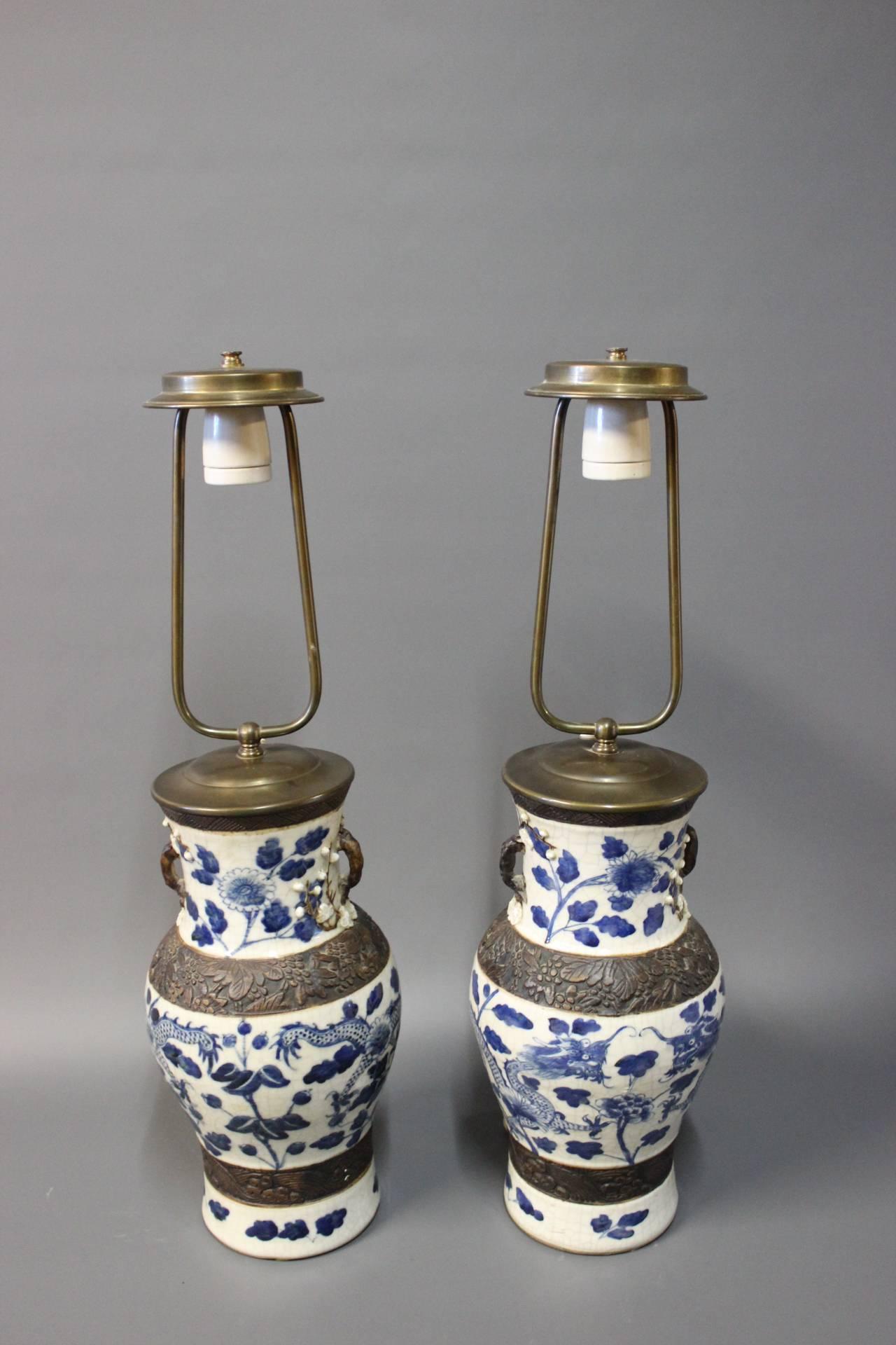Chinese Chippendale Pair of Chineese Porcelain Table Lamps, circa 1920s