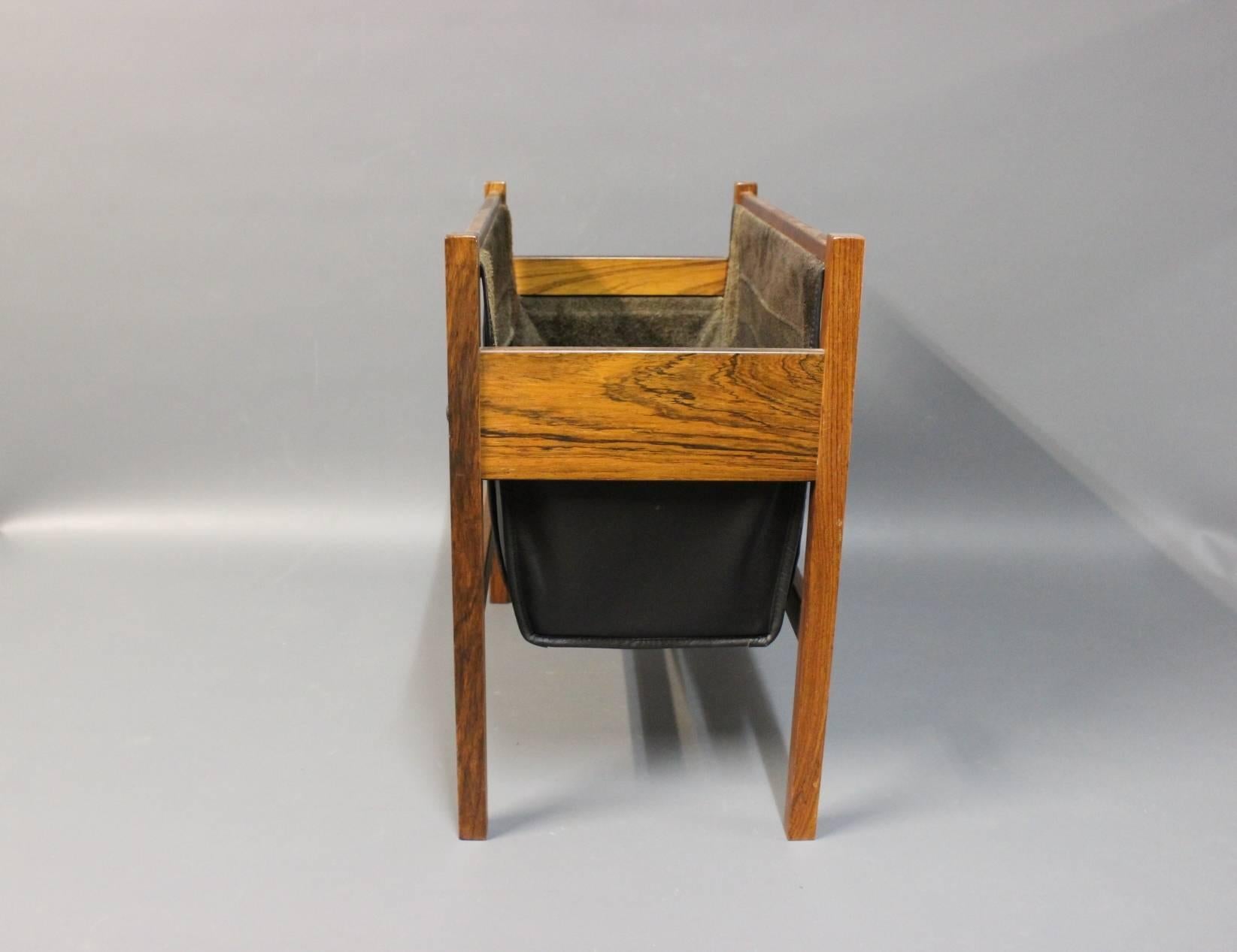 Scandinavian Modern Newspaper Holder in Rosewood and Black Leather, 1960s