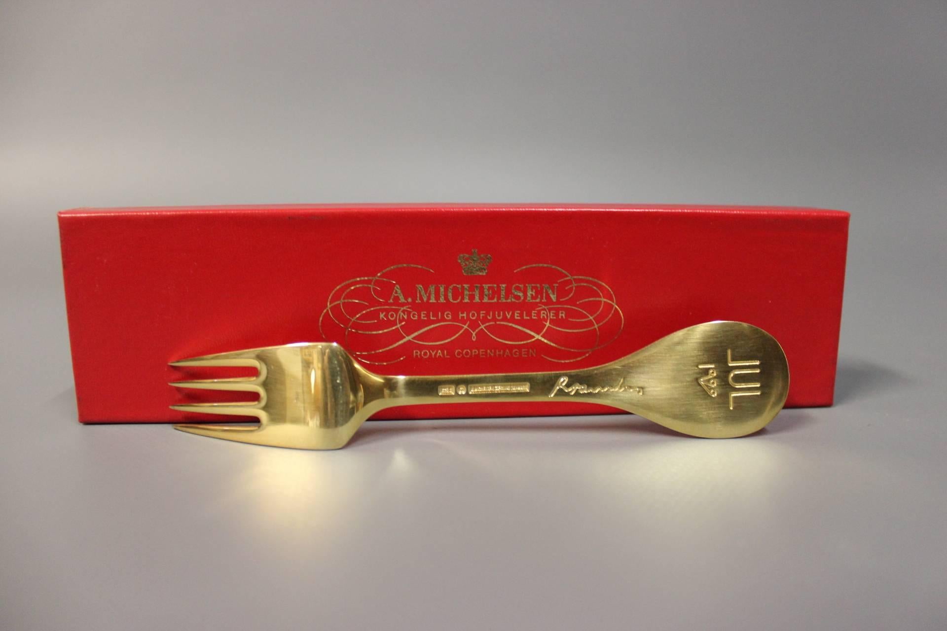 Christmas fork by A. Michelsen from 1999, gilded sterling silver 925 s. The fork is with the motif 