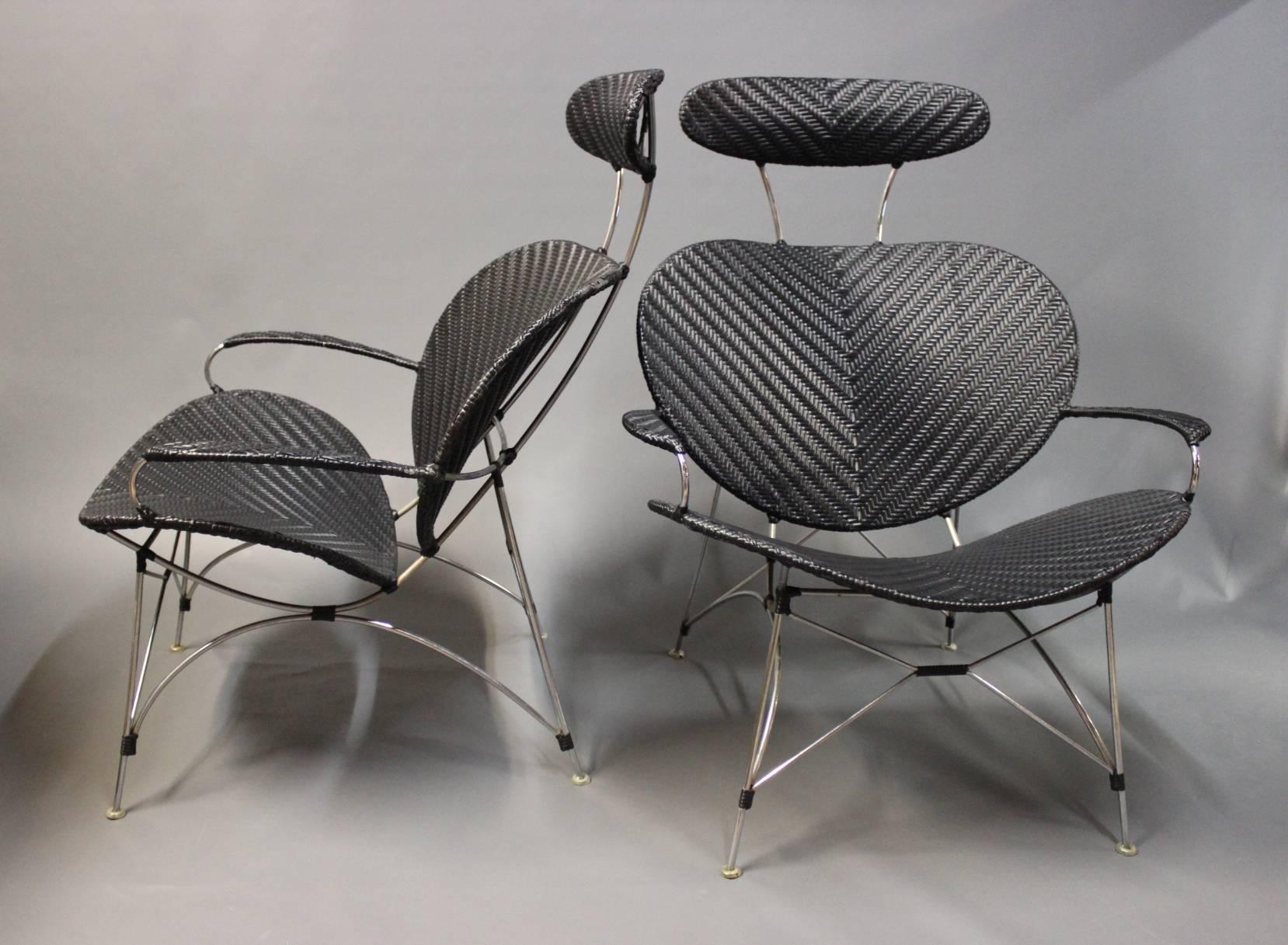 Mid-Century Modern Pair of Black Lounge Chairs by Yamakawa Contemporary Rattan, 1980s