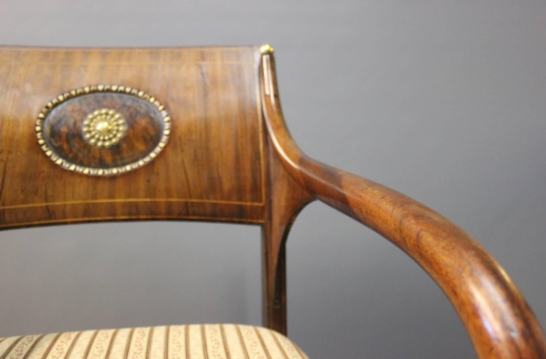 Armchair in Polished Mahogany Decorated with Brass and Leaf Gold, 1830 1