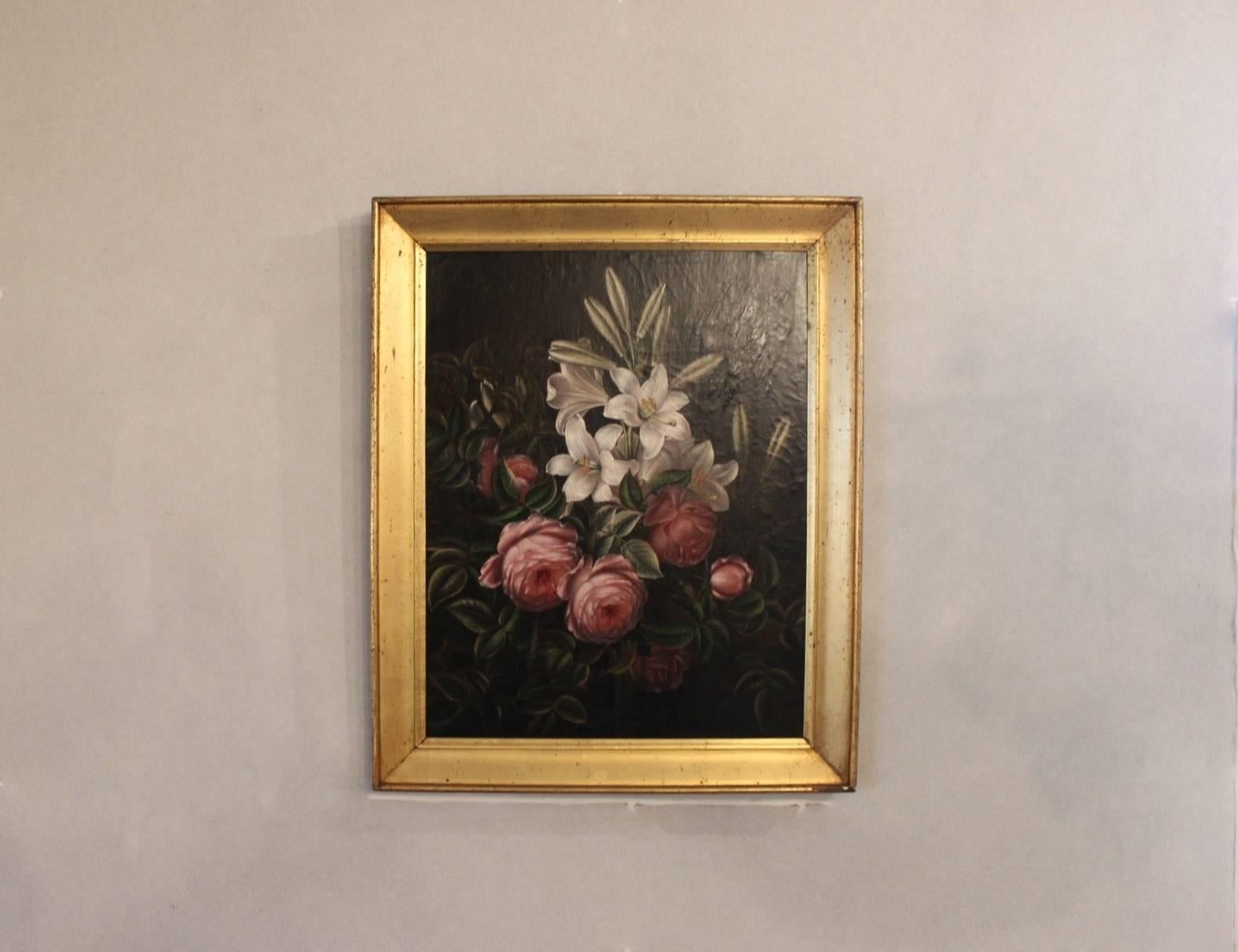 Beautiful oil painting of pink peonies and White lilies on a dark background by a student of the I.L. Jensen School, which was taught by the famous Danish painter I.L. Jensen. The painting comes with a golden antique frame and is from 1880.