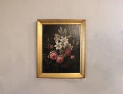Peinture à l'huile de pivoines et de lys avec un cadre doré:: école I.L.Jensen:: 1880