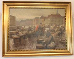 Large Painting of Fishwives in Copenhagen by Søren Christian Bjulf, 1910-1920