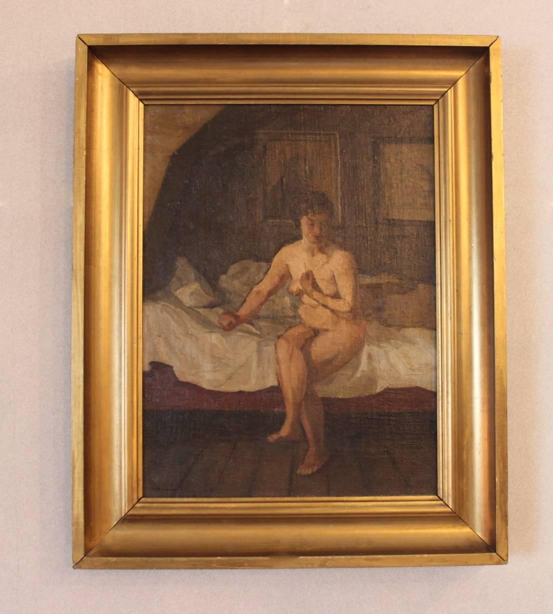 Oil painting of a naked lady sitting on a bed signed G. L. from 1924.
Measurements without frame:
H - 39 cm and W - 29,5 cm. 