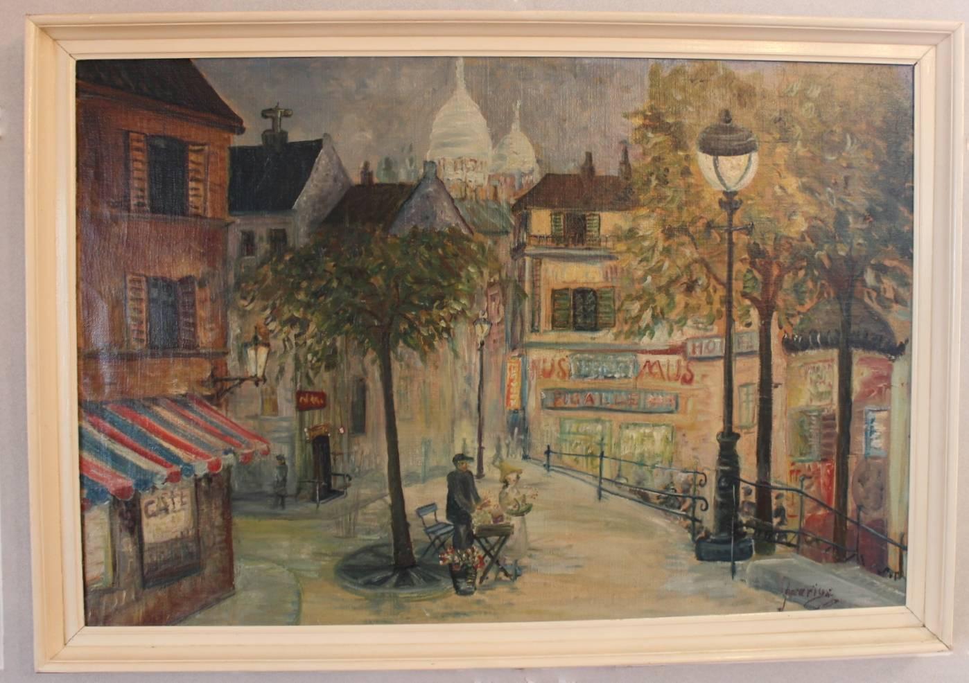 Oil painting of the streets of Paris with Montmartre in the background. The painting is from the 1930s and signed J. Warius.