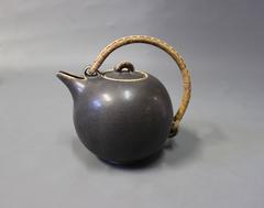 Saxbo Dark Brown Glazed Stoneware Teapot with Bast Handle No. 64, 1940s