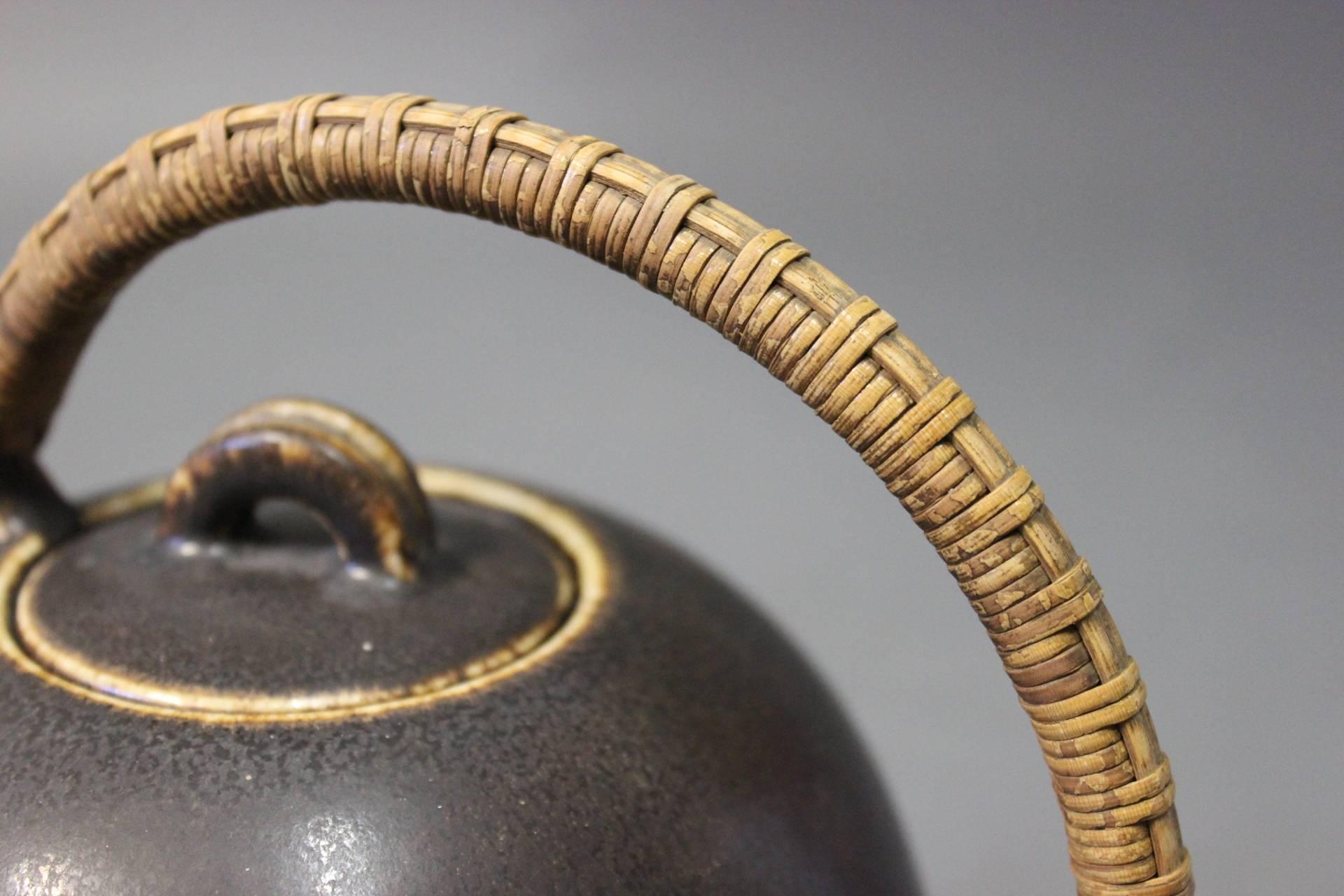 Mid-20th Century Saxbo Dark Brown Glazed Stoneware Teapot with Bast Handle No. 64, 1940s