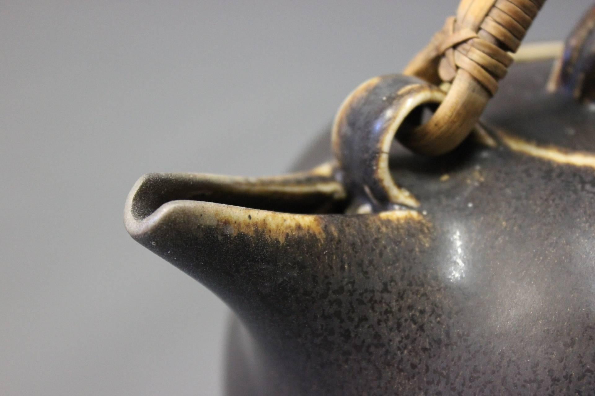 Ceramic Saxbo Dark Brown Glazed Stoneware Teapot with Bast Handle No. 64, 1940s