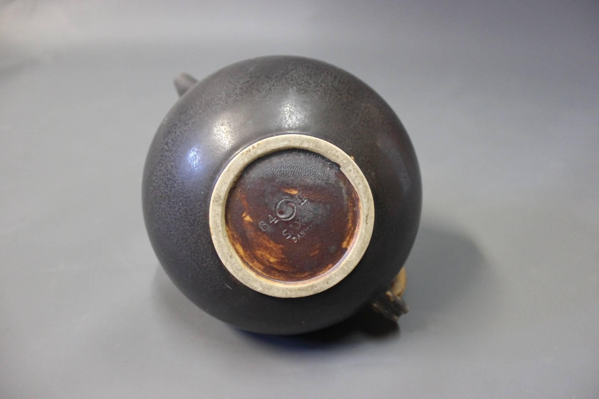 Saxbo Dark Brown Glazed Stoneware Teapot with Bast Handle No. 64, 1940s 1
