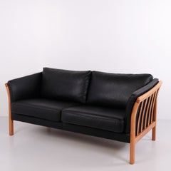 Hjort Knudsen Classic Two Seater Slatted Sofa in Black Leather and Solid Wood